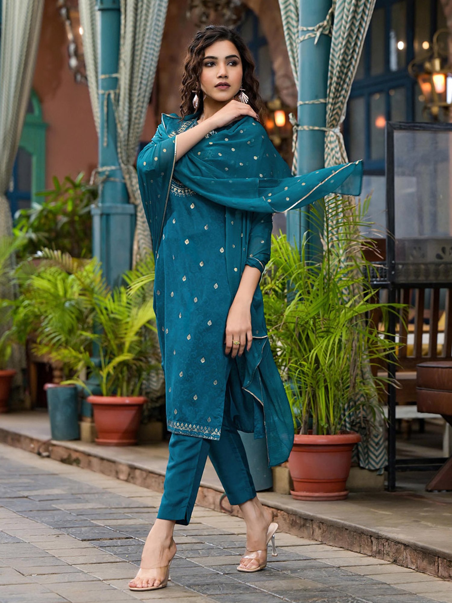 Juniper Blue Printed Kurta With Pant & Dupatta