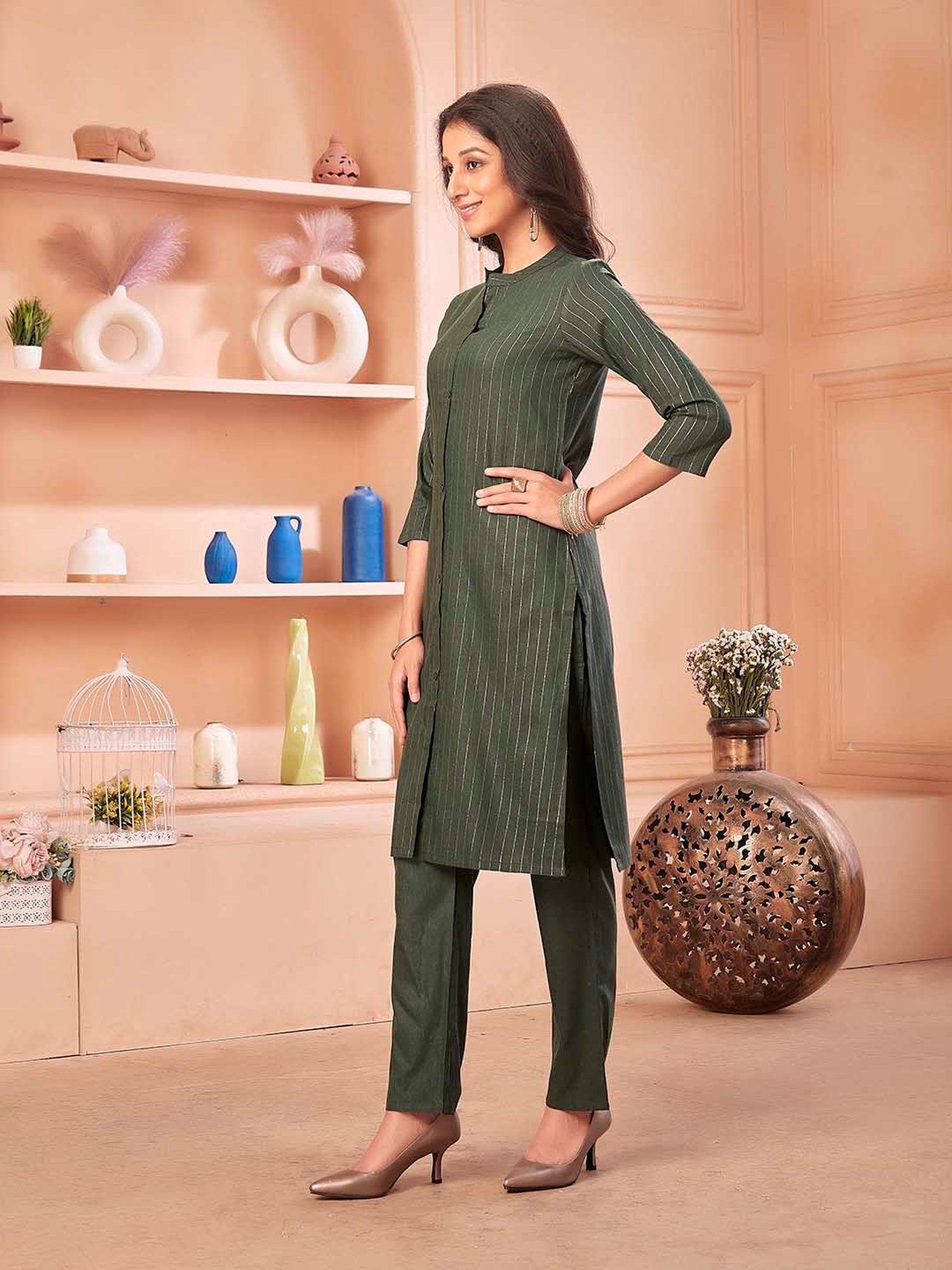 Anubhutee Green Striped Kurta Pant Set