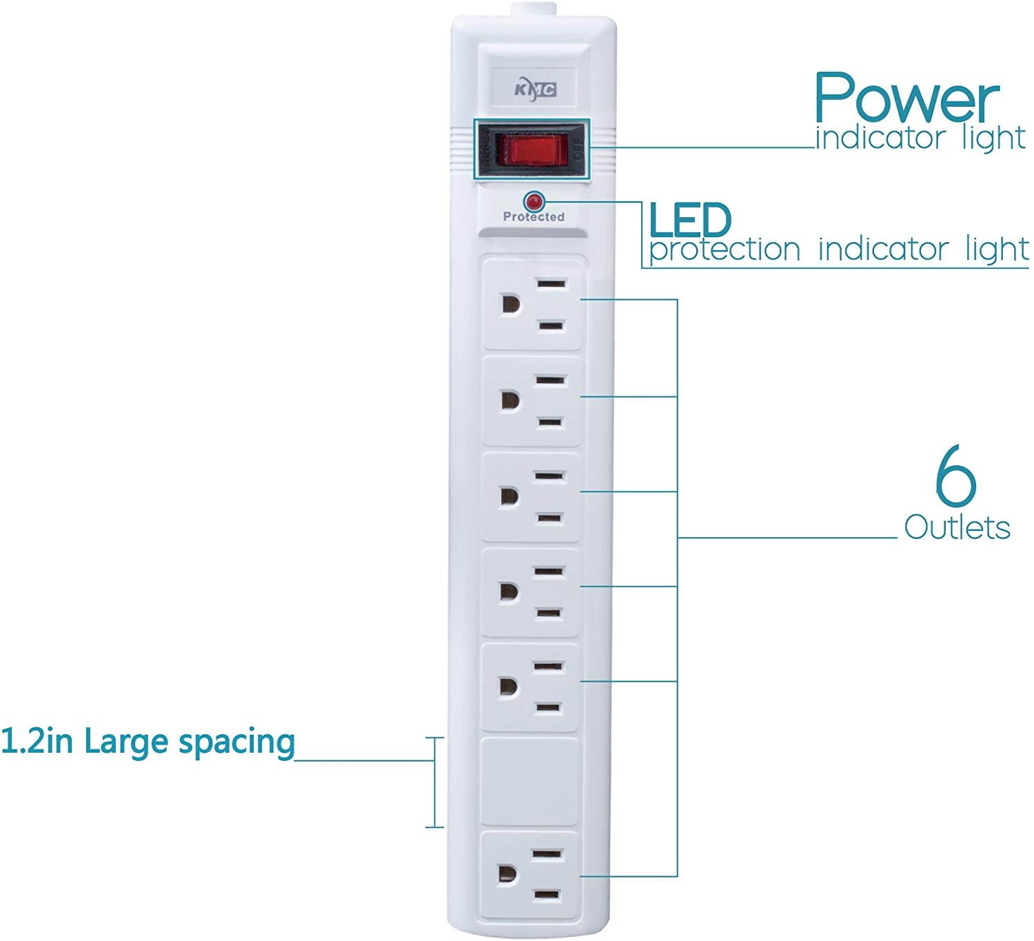 KMC 6-Outlet Surge Protector Power Strip with 6 Feet Cord, 1200 Joule 2- Pack, Overload Protection, White