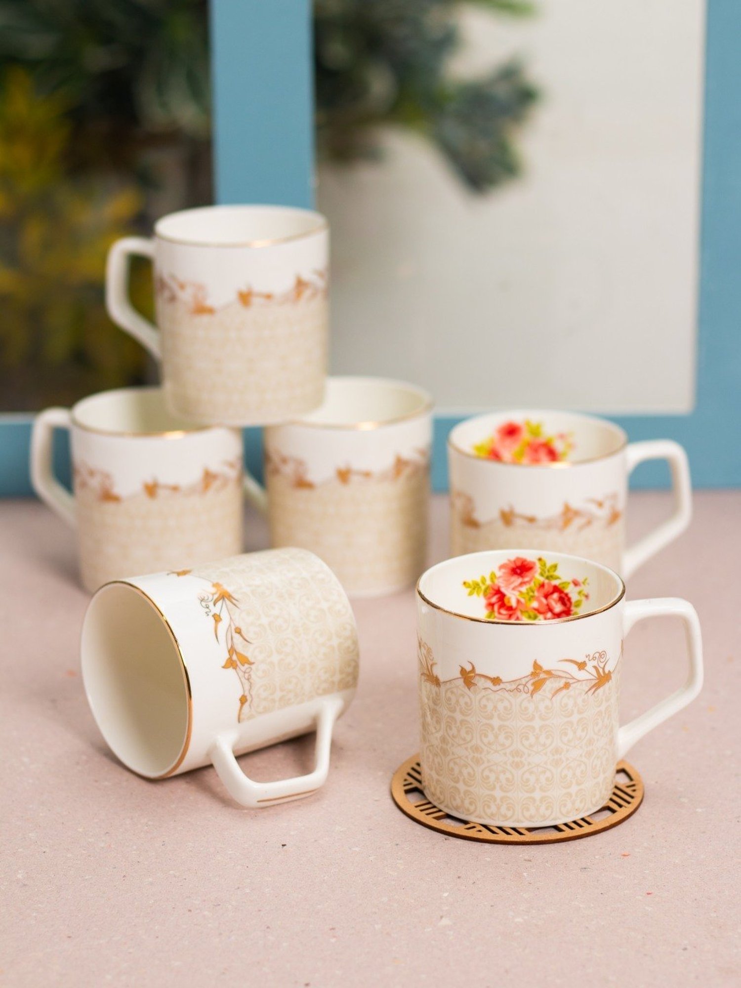 JCPL Printed Beige Ceramic Tea Cups- Set of 6 (200 ml each)
