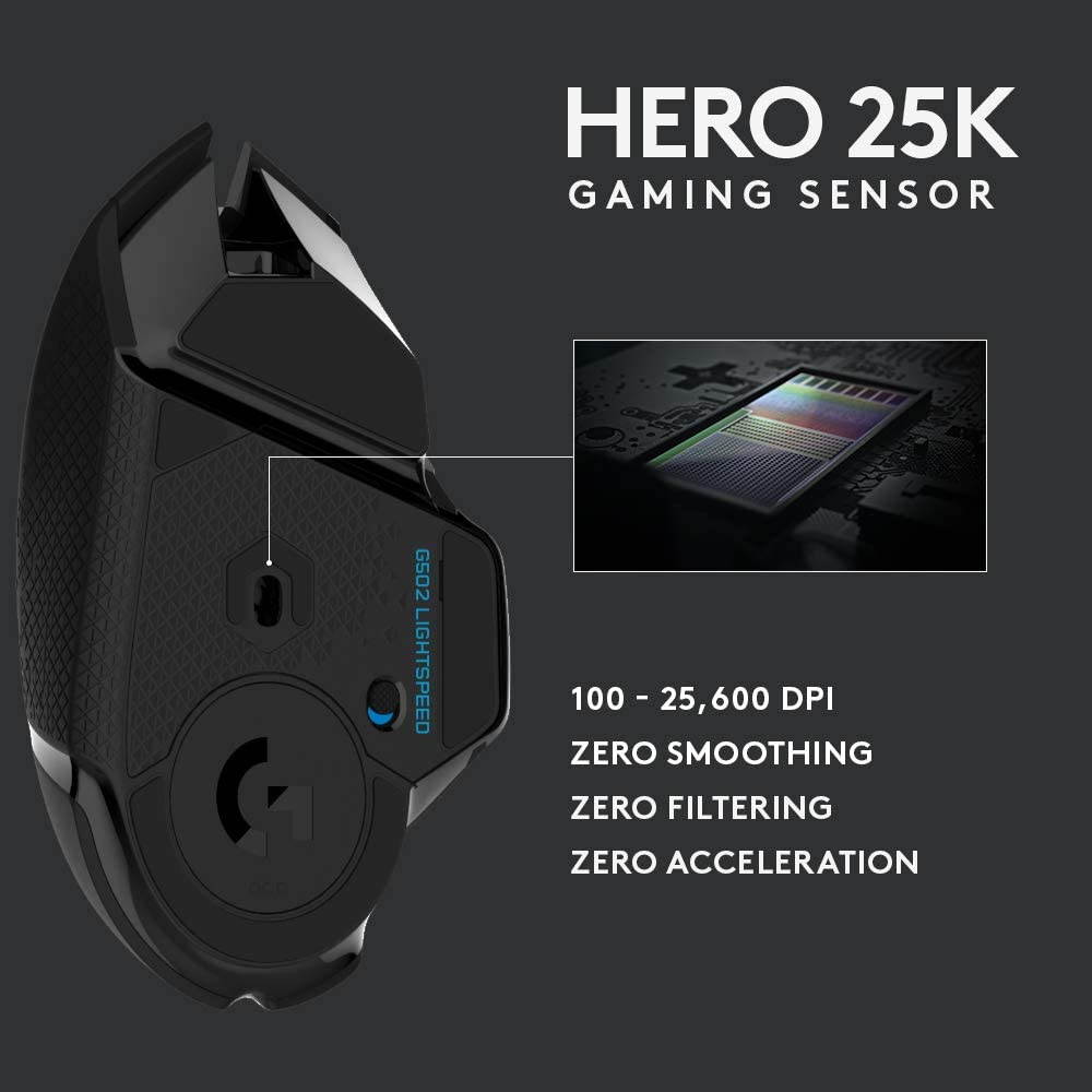 Logitech G502 Lightspeed Wireless Gaming Mouse with HERO 25K Sensor, PowerPlay Compatible, Tunable Weights and Lightsync RGB - Black