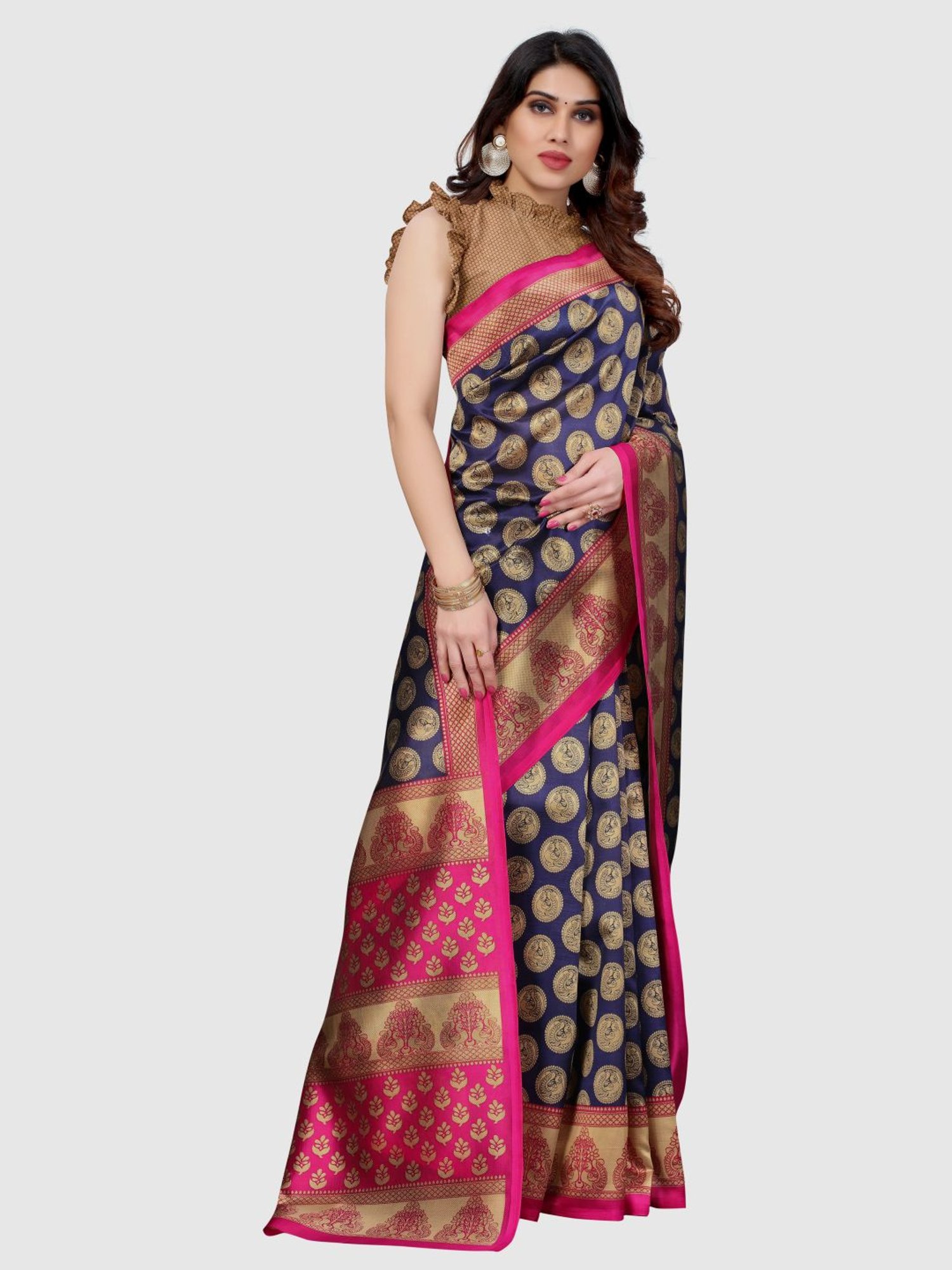 KSUT Navy Printed Saree With Unstitched Blouse