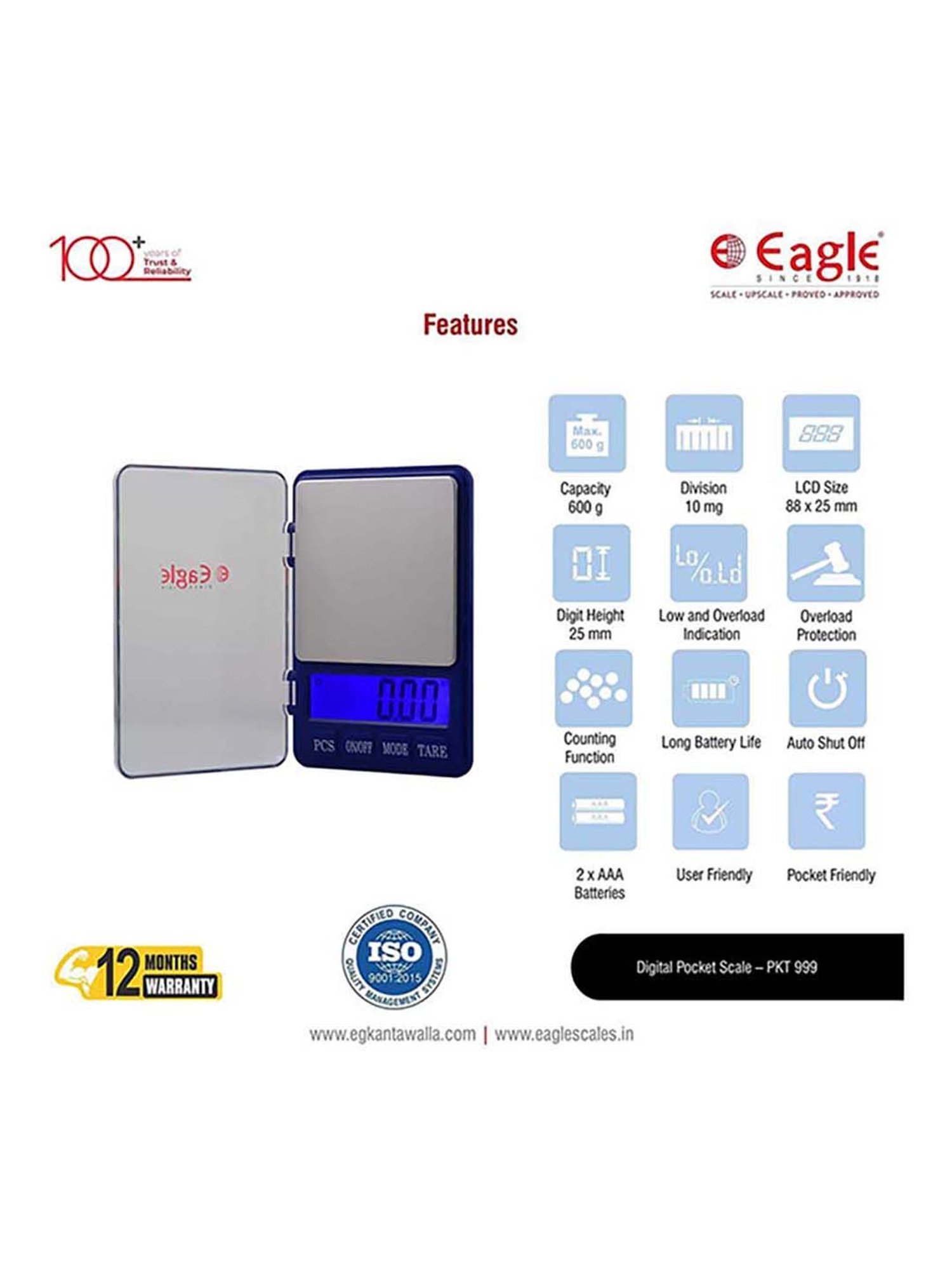 Eagle PKT-999 Digital Weighing Scale, 600 gm Capacity, 0.01 g Accuracy, Weight Machine, Pocket Scale