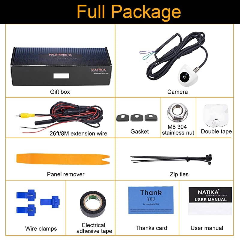 BackupFront View Camera White IP69K Waterproof Great Night Vision HD and Super Wide Angle Metal OEM Style White Reverse Rear View Backup Camera for Cars Pickup Trucks SUVs RVs Vans