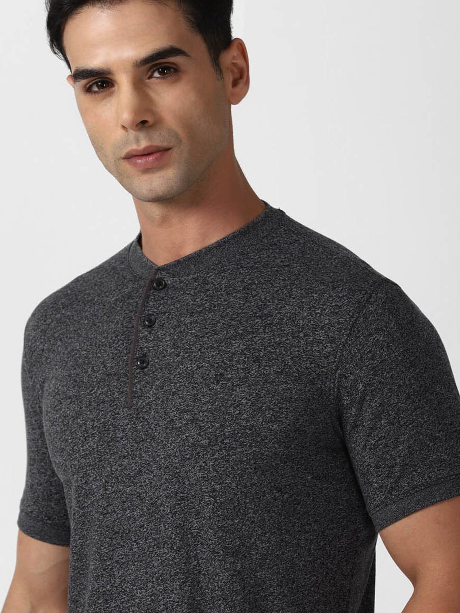 V Dot Grey Slim Fit Texture Henley T-Shirt