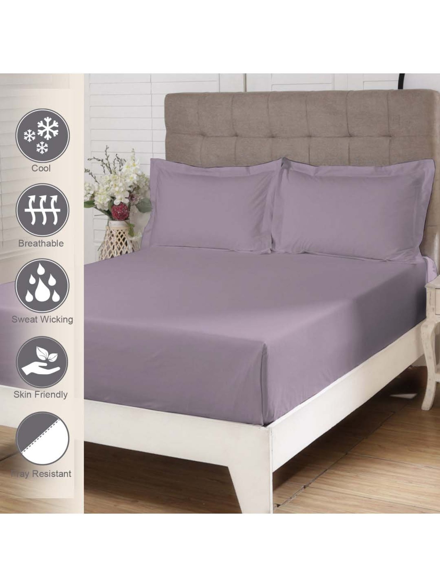 Pizuna 400TC 100% Cotton Lavender Frost Flat Bed Sheet King Size With 2 Pillow Cover