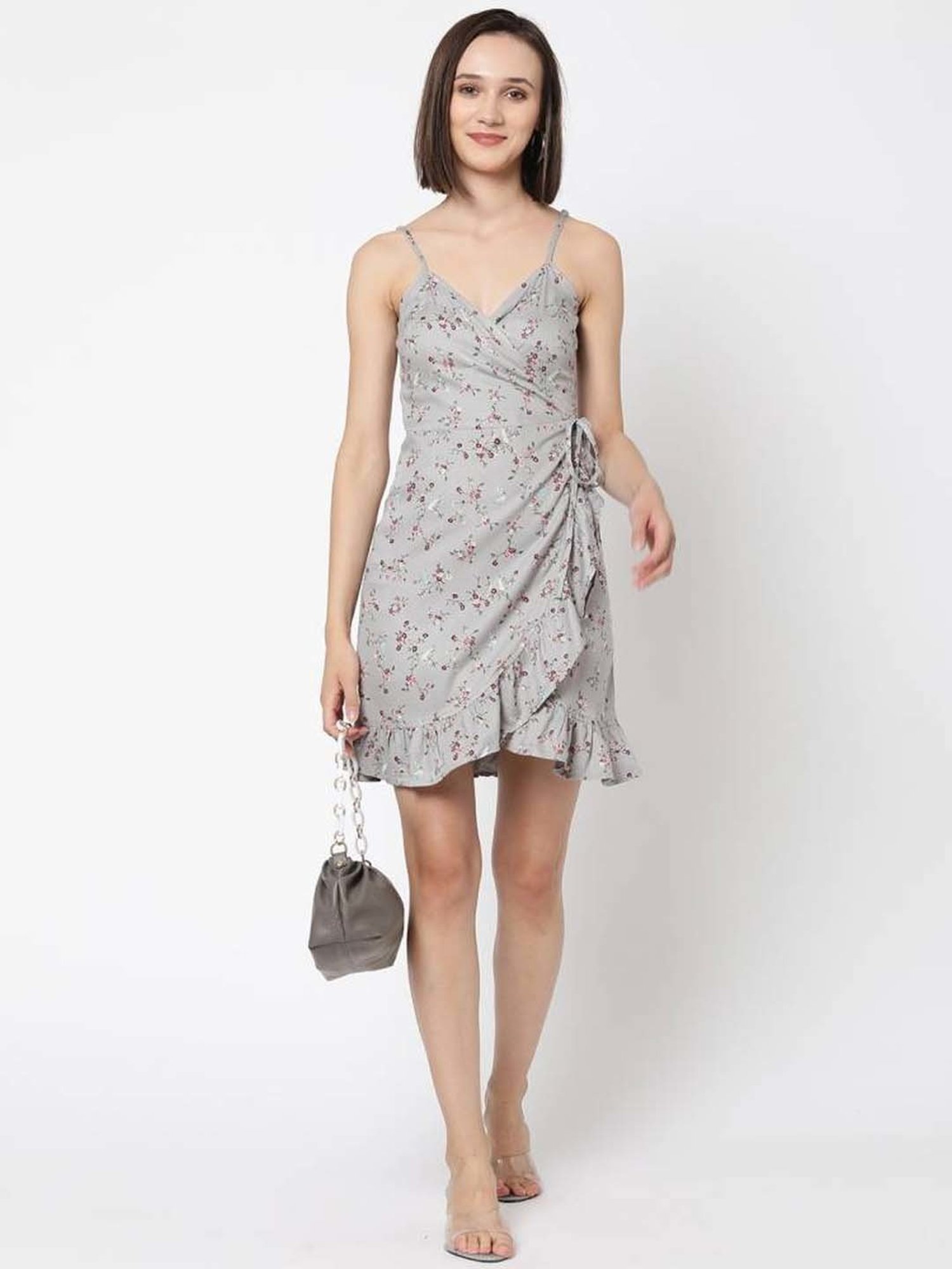 VASTRADO Grey Floral Print A-Line Wrap Dress
