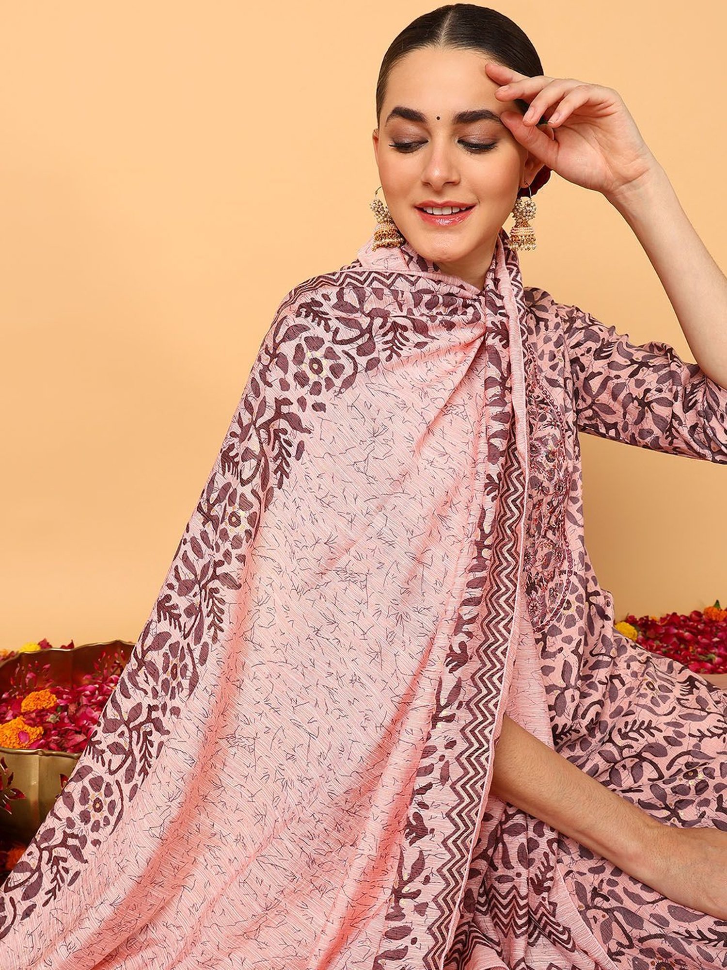 Vaamsi Pink Floral Print Kurta Pant Set With Dupatta