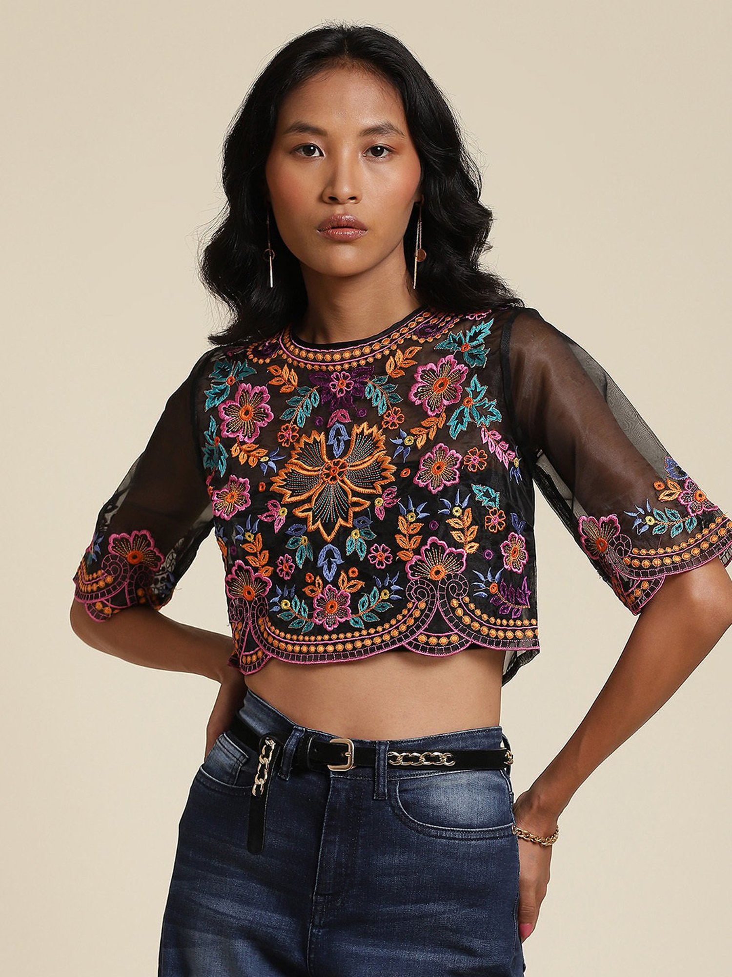 Label Ritu Kumar Black Embroidered Crop Top With Camisole