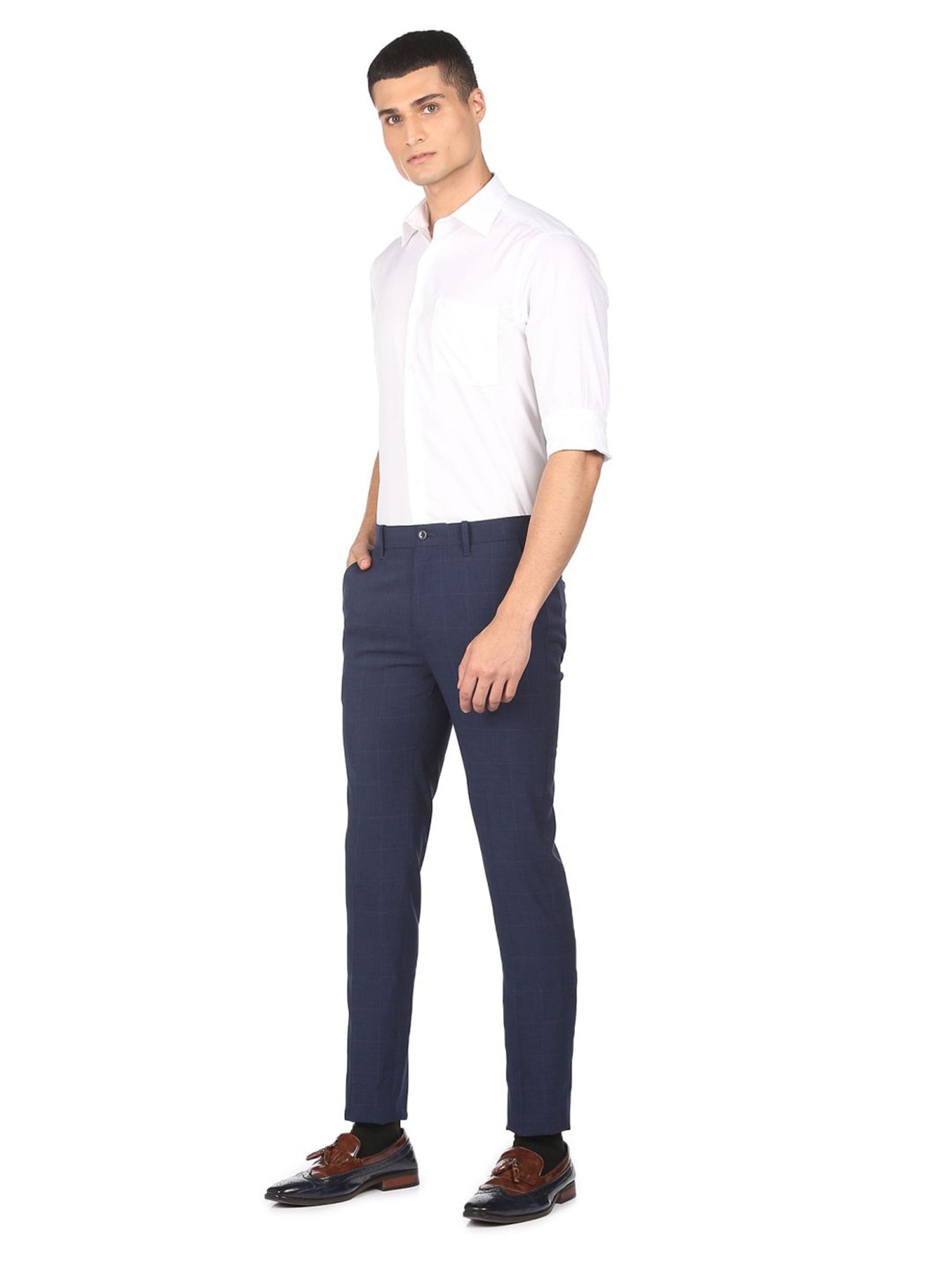 Arrow Blue Regular Fit Checks Flat front trousers