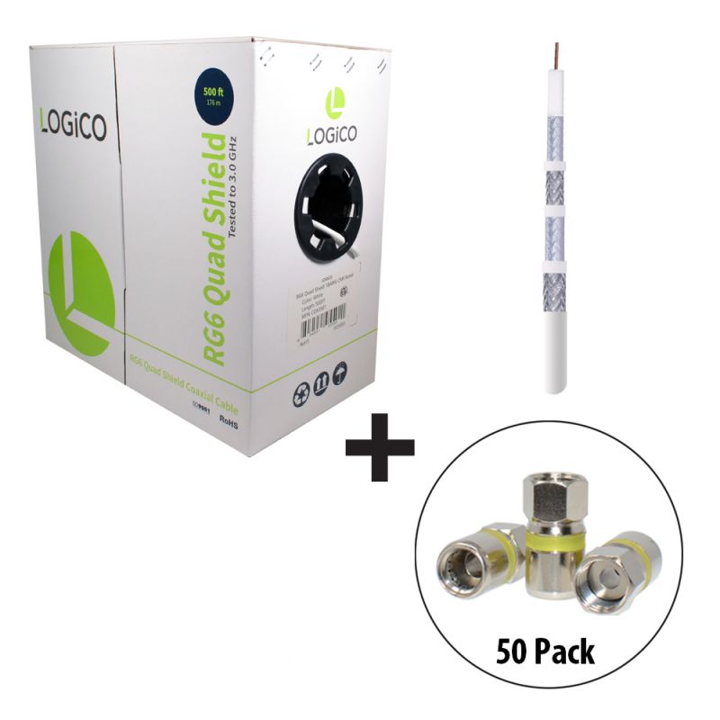 LOGICO RG6 Quad Shield Coaxial Cable 500FT White + 50 Piece F-Type Compression Connectors Kit