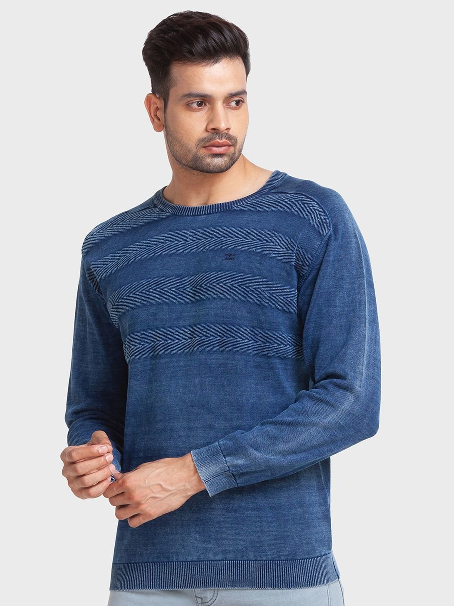 ColorPlus Blue Cotton Tailored Fit Self Pattern Sweaters