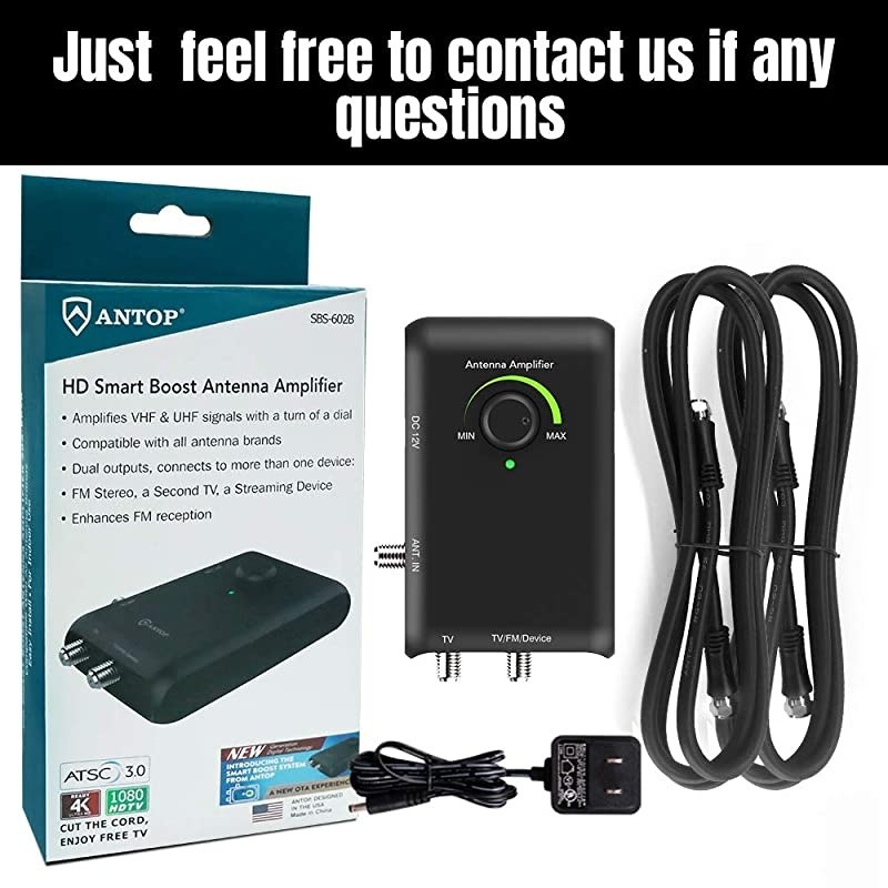 Smart Boost Amplifier with Dual Outputs for TV and Second Device- FM Stereo, a Second TV, Any OTA-Ready Streaming Device or Projector, Compatible with All Antenna,Enhances VHF/UHF/FM Reception