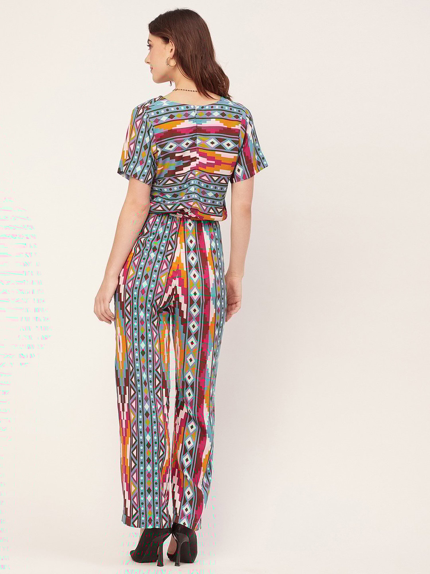 Moomaya Turquoise & White Printed Jumpsuit