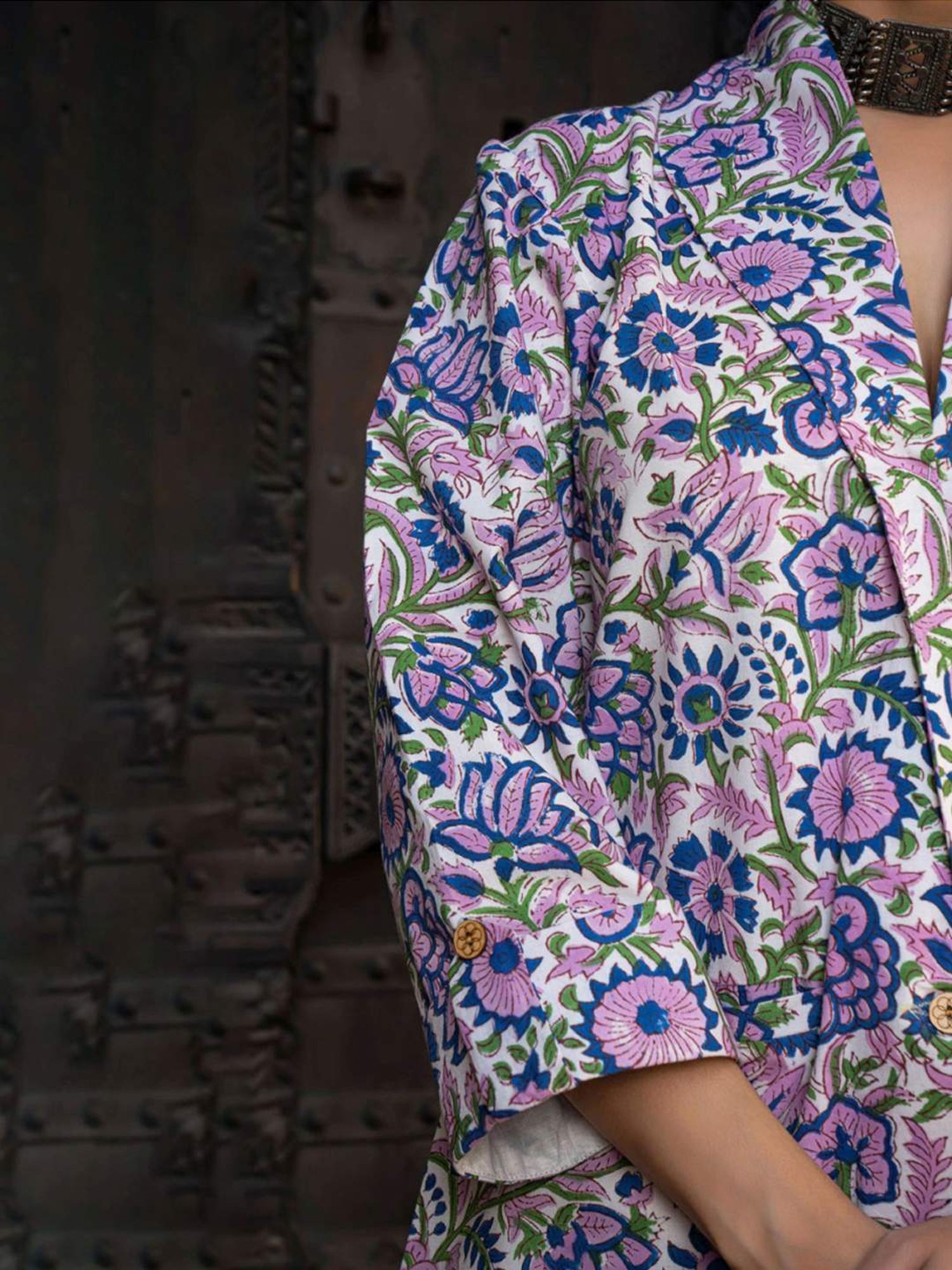 Eeshva India White Floral Hand Blocked Blazer with Pant In Cotton