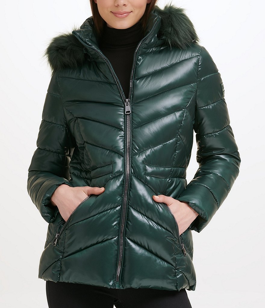 Kenneth Cole New York Water Resistant Faux Fur Trim Stand Collar Hooded Chevron Quilted Puffer Jacket