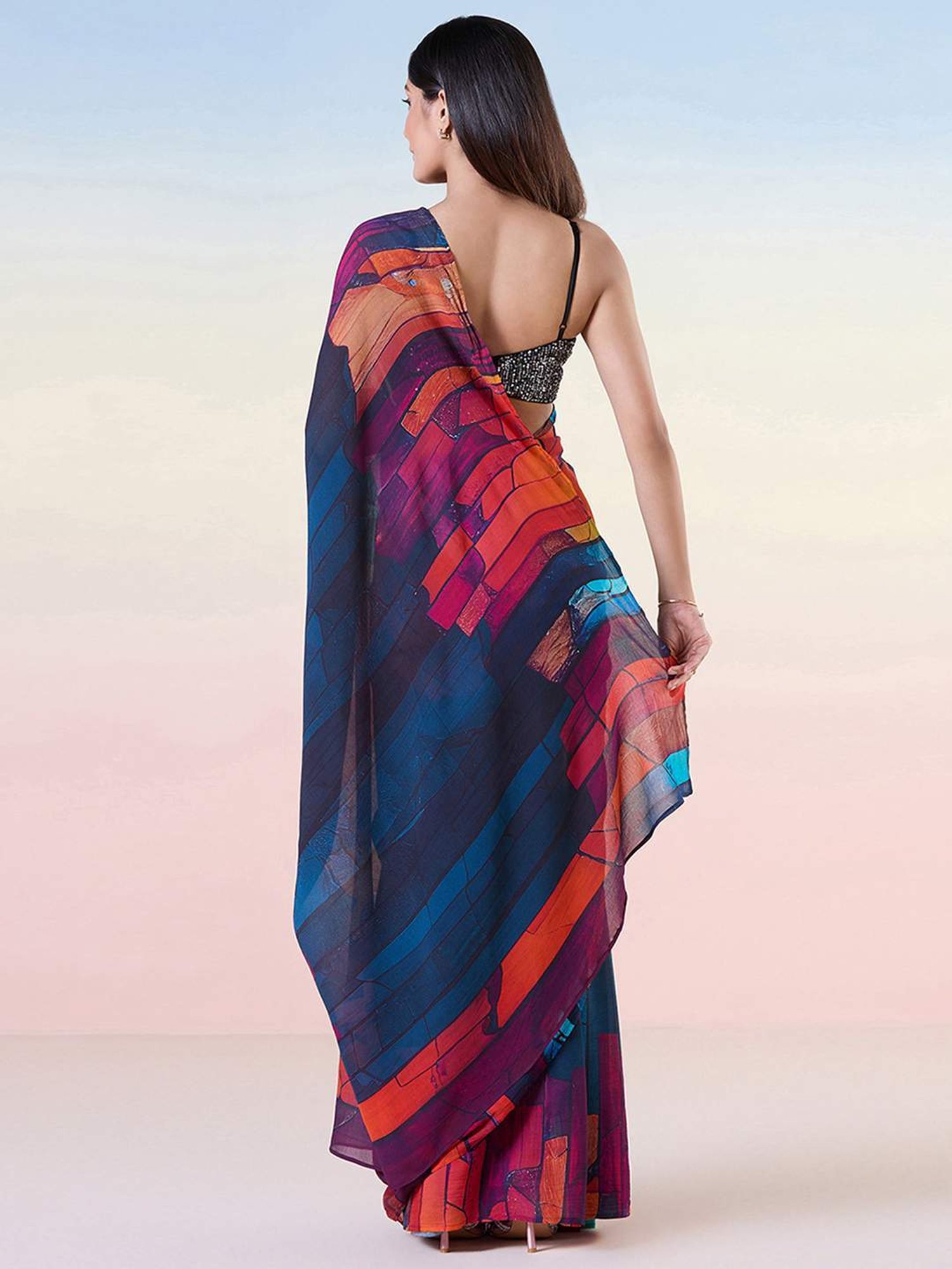 navyasa by liva Navy & Red Printed Saree With Unstitched Blouse