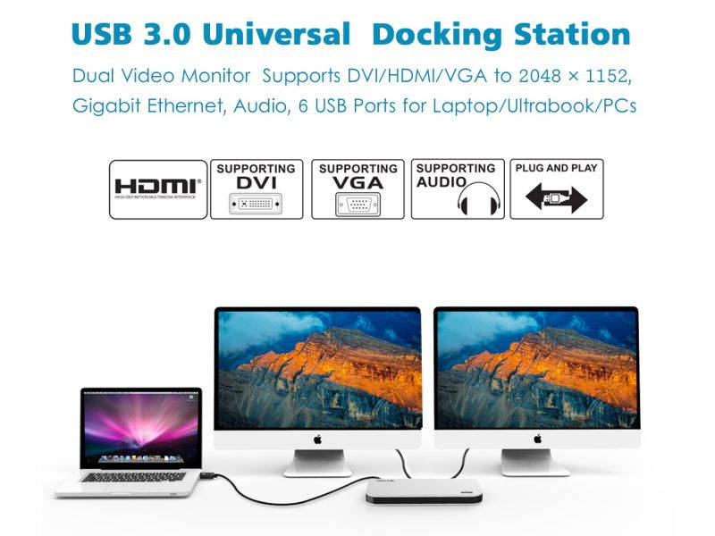 Wavlink USB 3.0 Display Universal Docking Station Dual Video HDMI/DVI/VGA , USB 3.0 & USB 2.0, Gigabit Ethernet Ports, Earphone & Mic in/out, Plug and Play For Windows Mac & Android 5.x Above - Black