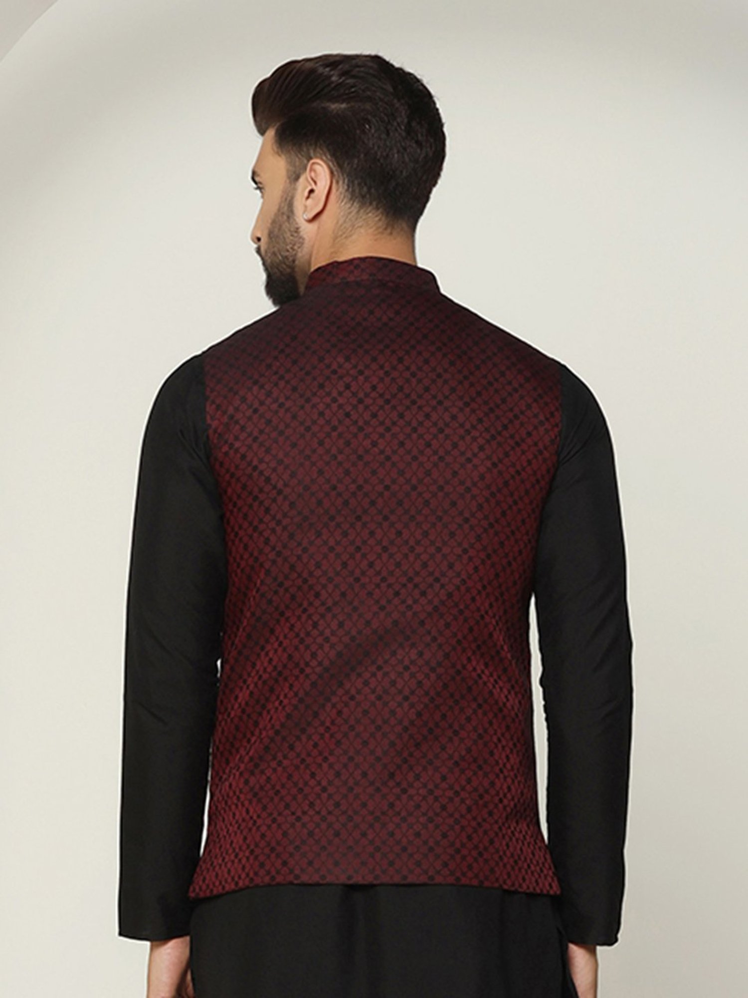 KISAH Wine Regular Fit Self Design Nehru Jacket