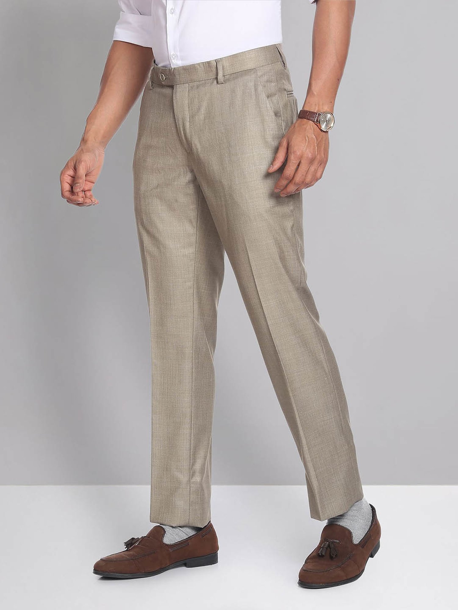 AD by Arvind Khaki Regular Fit Flat Front Trousers