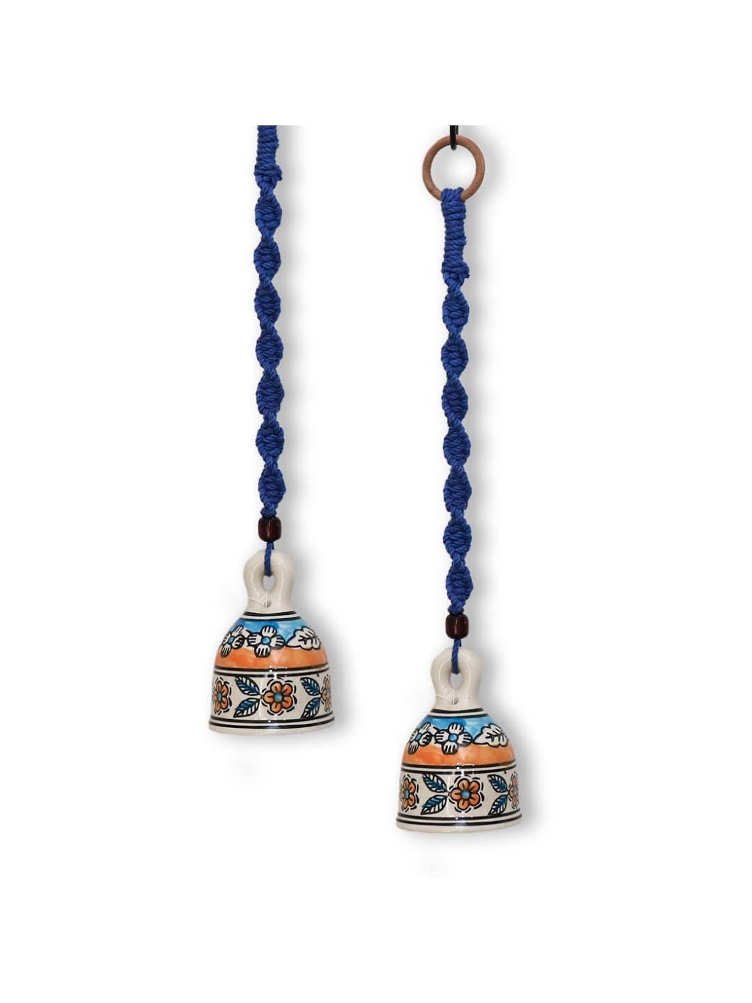 Gathari Blue Ceramic Wall Hanging Macrame Bells - Set of 2