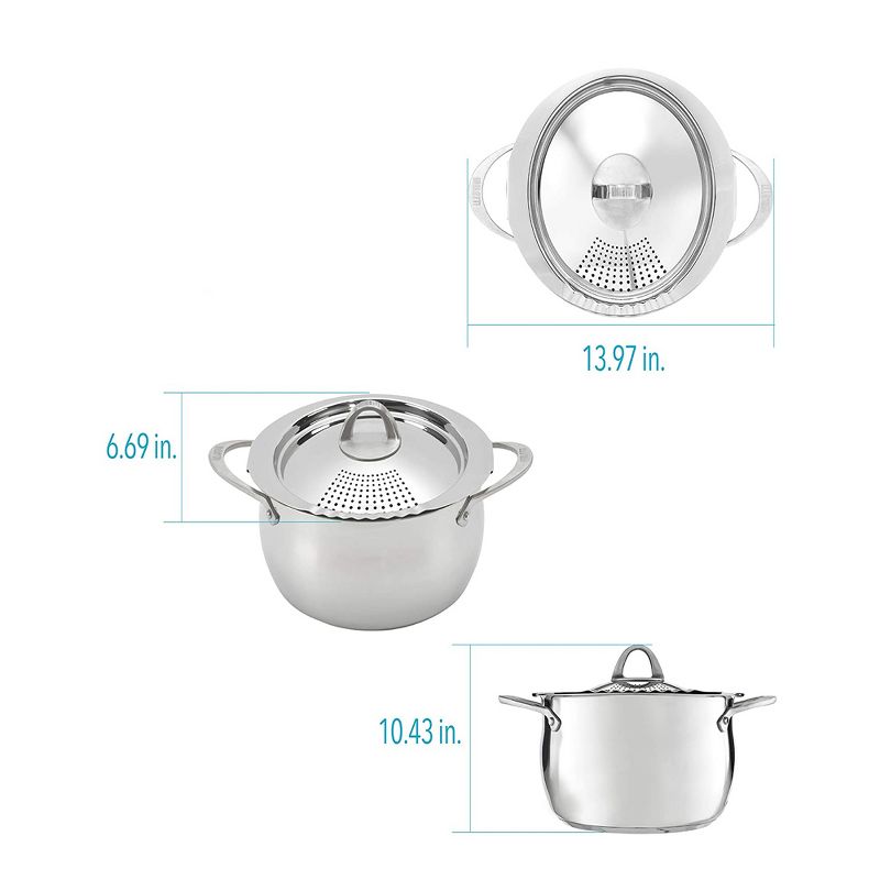 Bialetti 7593 2 In 1 Stainless Steel 6 Quart Oval Shaped Kitchen Pasta Pot with Lockable Strainer Lid and Secure Grip Handles, Silver