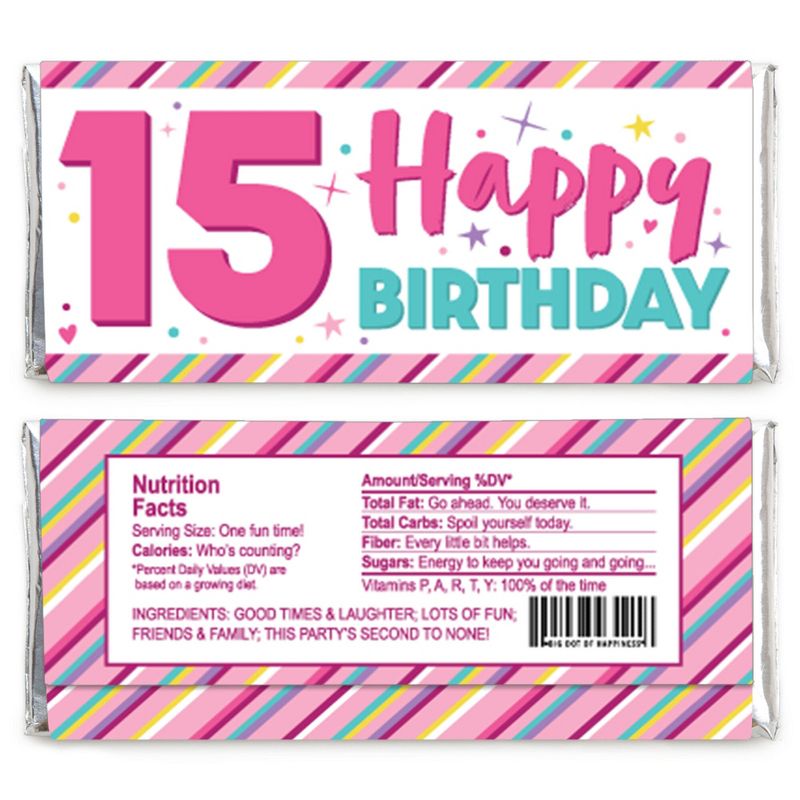 Big Dot of Happiness Girl 15th Birthday - Candy Bar Wrapper Teen Birthday Party Favors - Set of 24