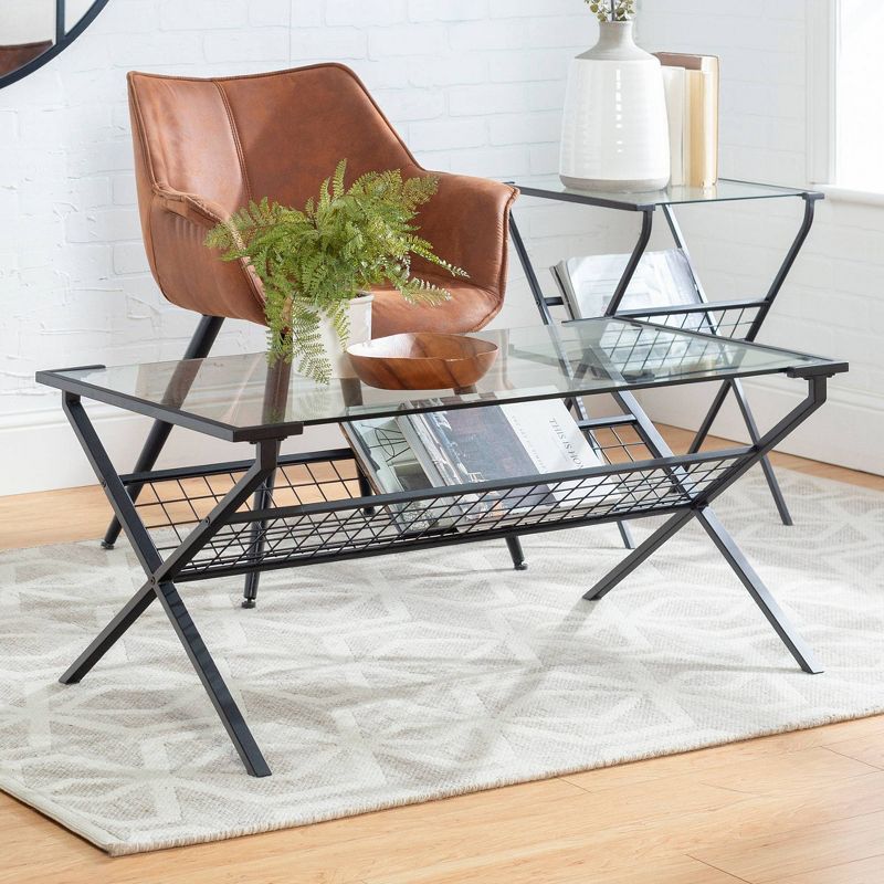 Modern Metal & Glass Coffee Table with Magazine Holder Black - Saracina Home