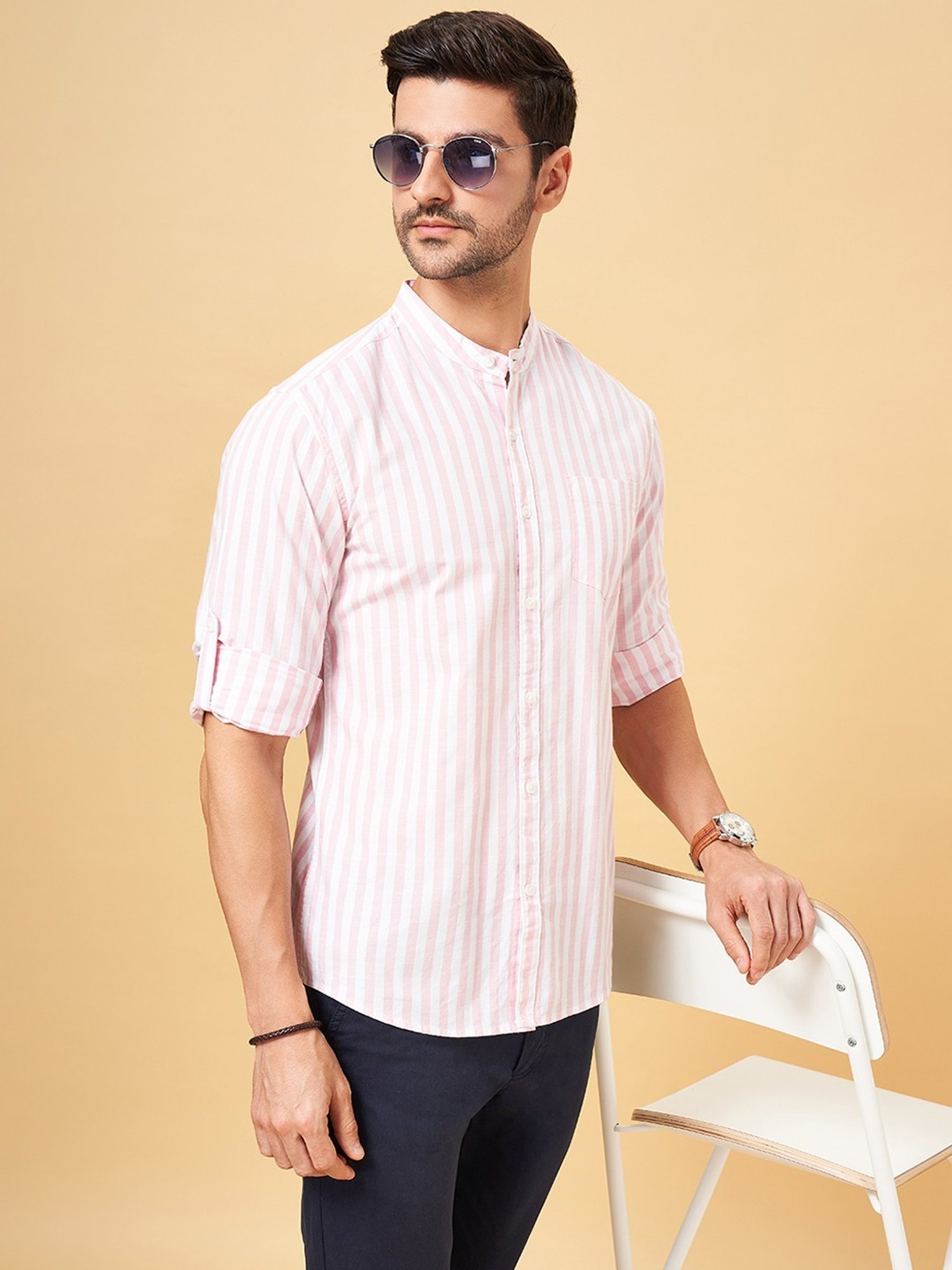 Byford by Pantaloons Primrose Pink Cotton Slim Fit Striped Shirt
