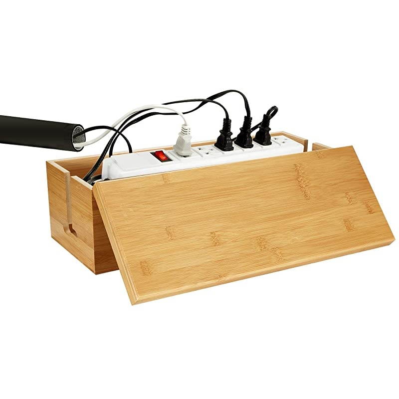 Bamboo Large Cable Box Stylish Cord Organizer Cable Management Box for Cord Hider and Cord Management Cable Organizer Box with Protector Cable Sleeve