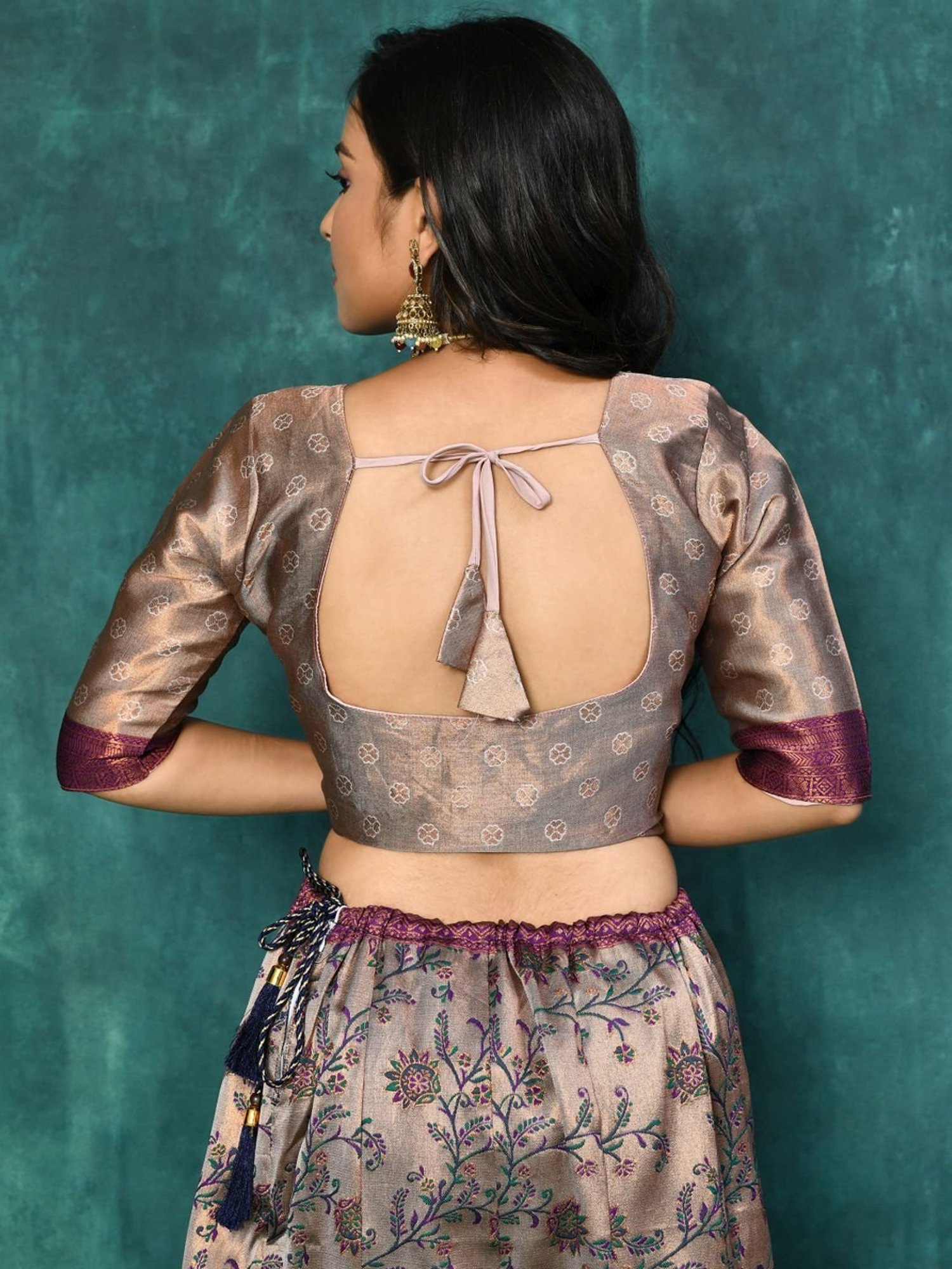 Silk Land Beige & Blue Woven Pattern Semi Stitched Lehenga Choli Set With Duppata