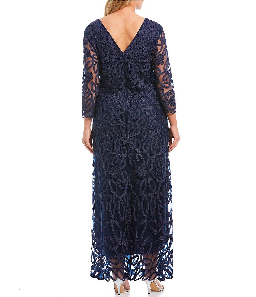 Soulmates Plus Size Boat Neck Soutache 3/4 Sleeve Long Gown