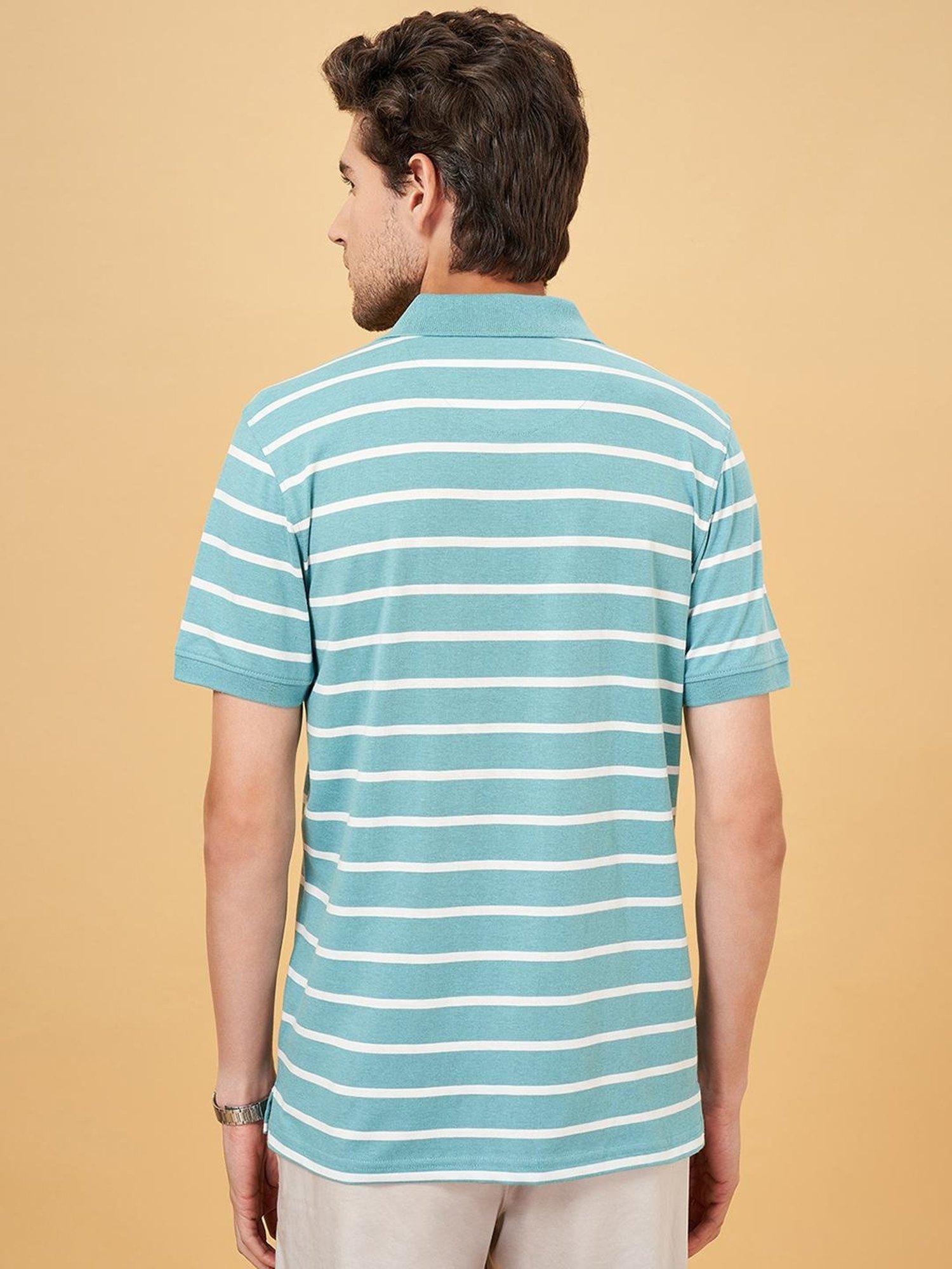 Byford By Pantaloons Bel Air Blue Cotton Slim Fit Striped Polo T-Shirt