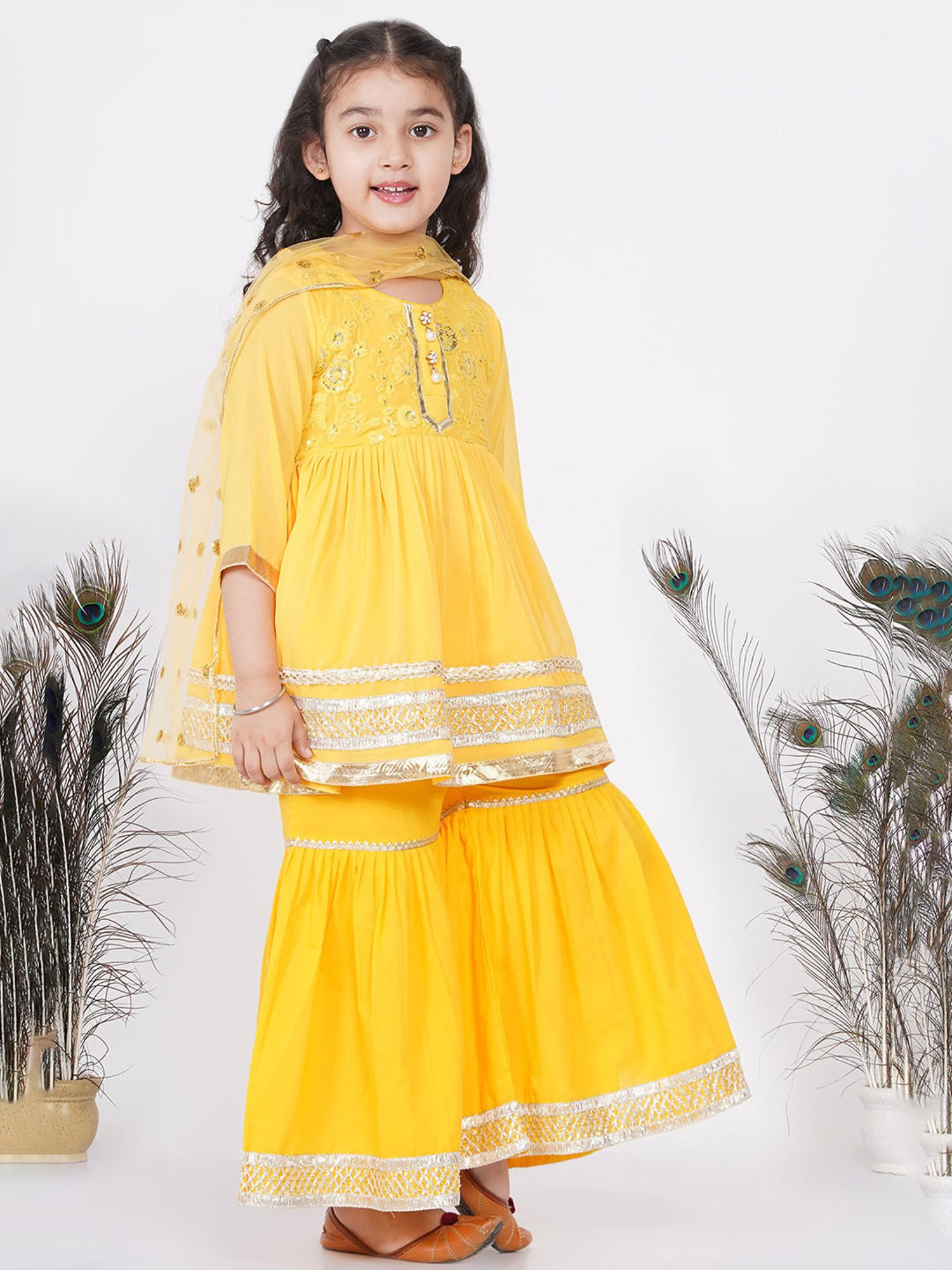 Little Bansi Yellow Embellished 1 Kurta, 1 Sharara & 1 Dupatta