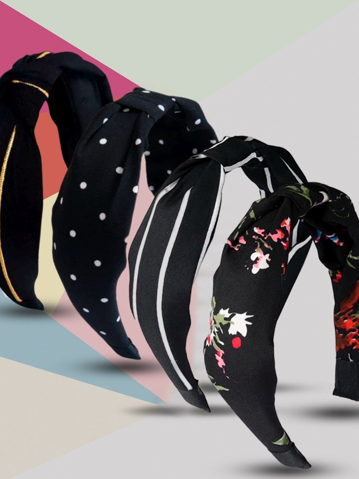 OOMPH Black Knotted Floral Stripes Polka Dots Hair Band - Combo of 4