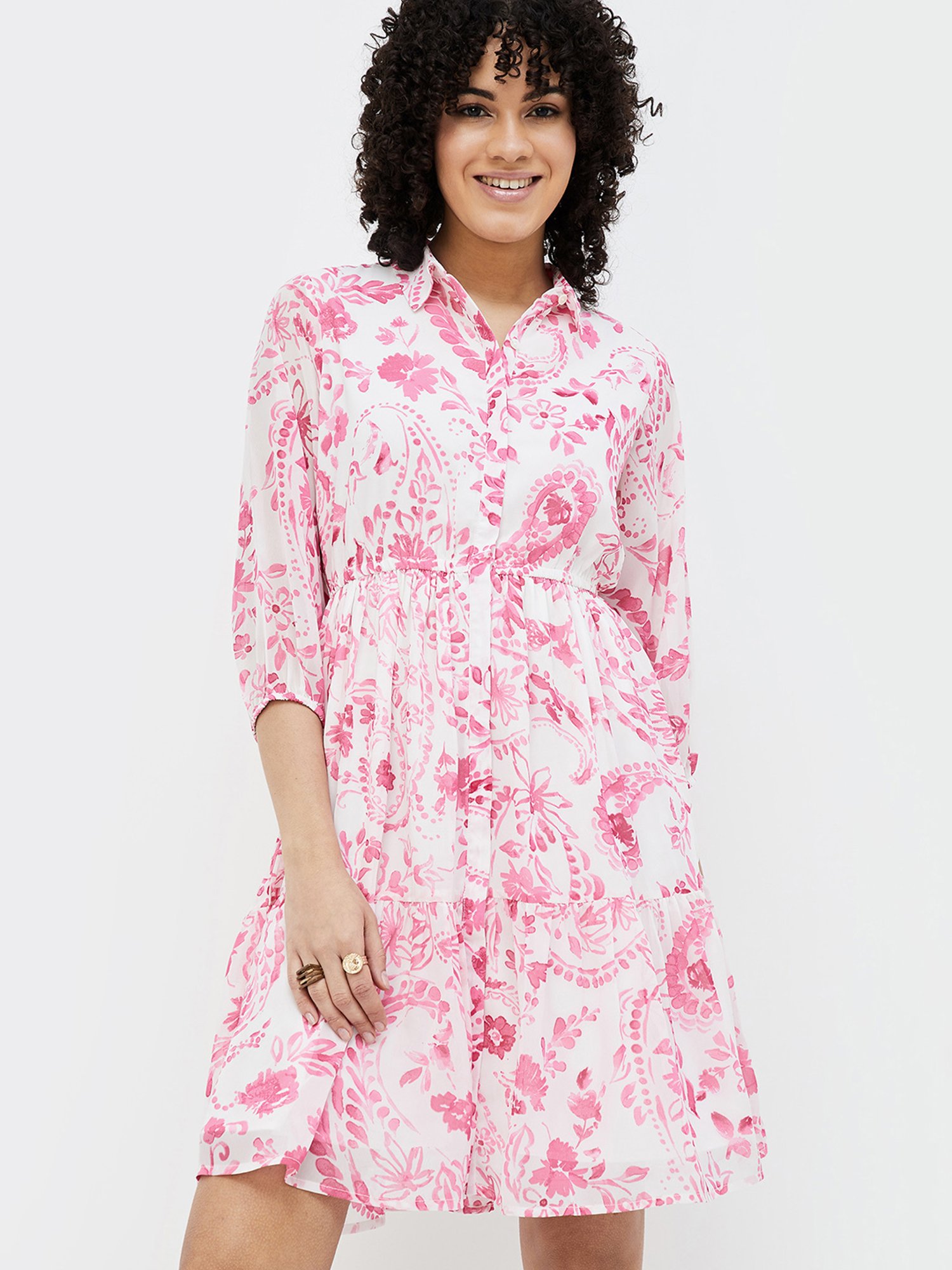 Colour Me by Melange White & Pink Floral Print Shirt Dress