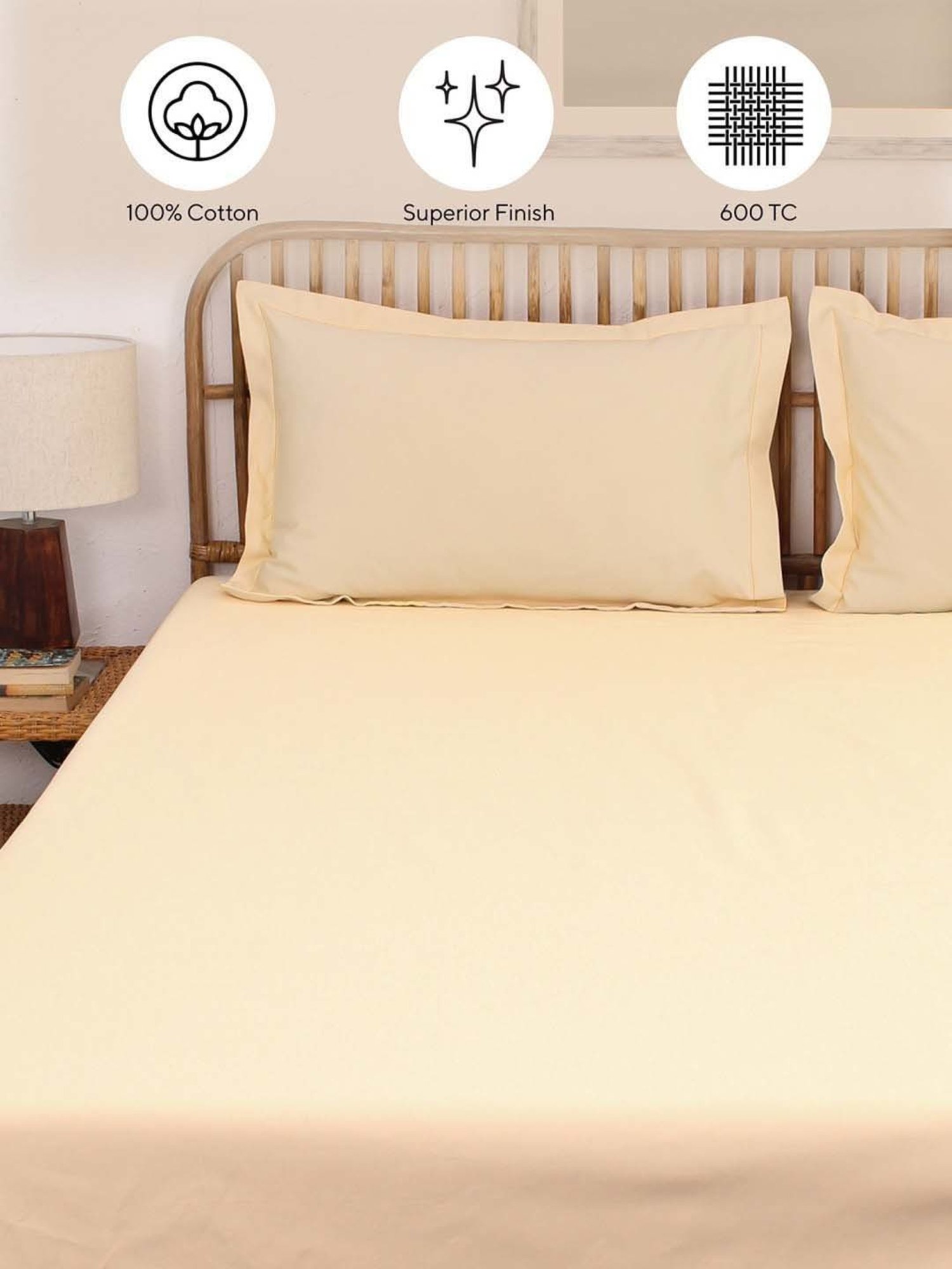 House This Ginger Beige Cotton 600 TC Double Size Bedsheet With Pillow Covers