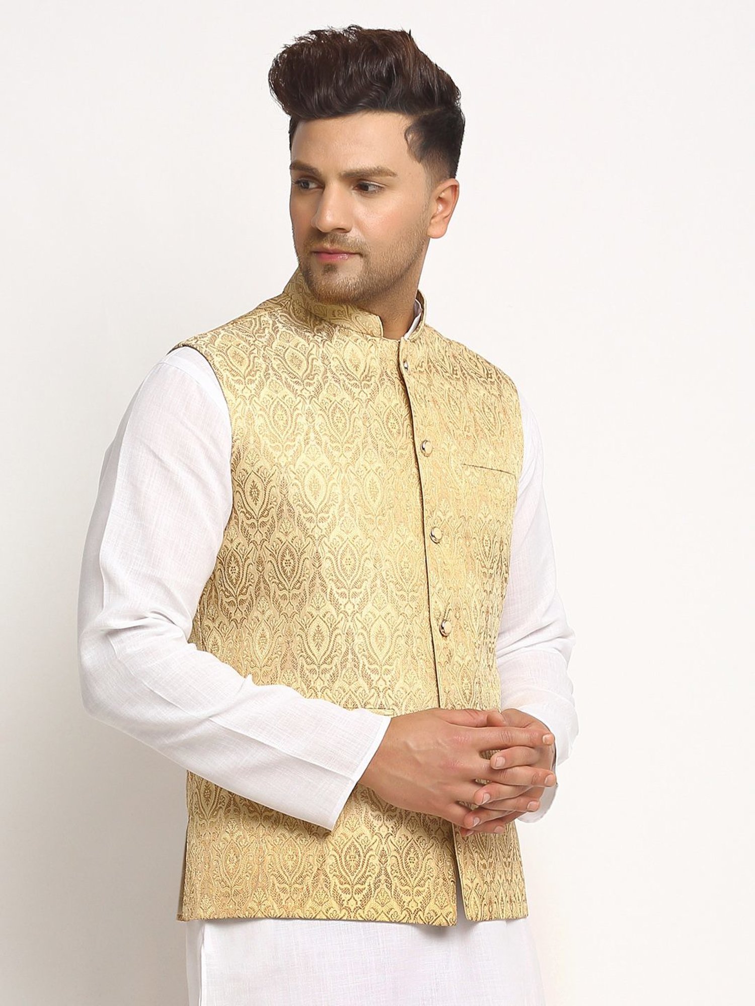 Treemoda Light Golden Regular Fit Self Pattern Nehru Jacket