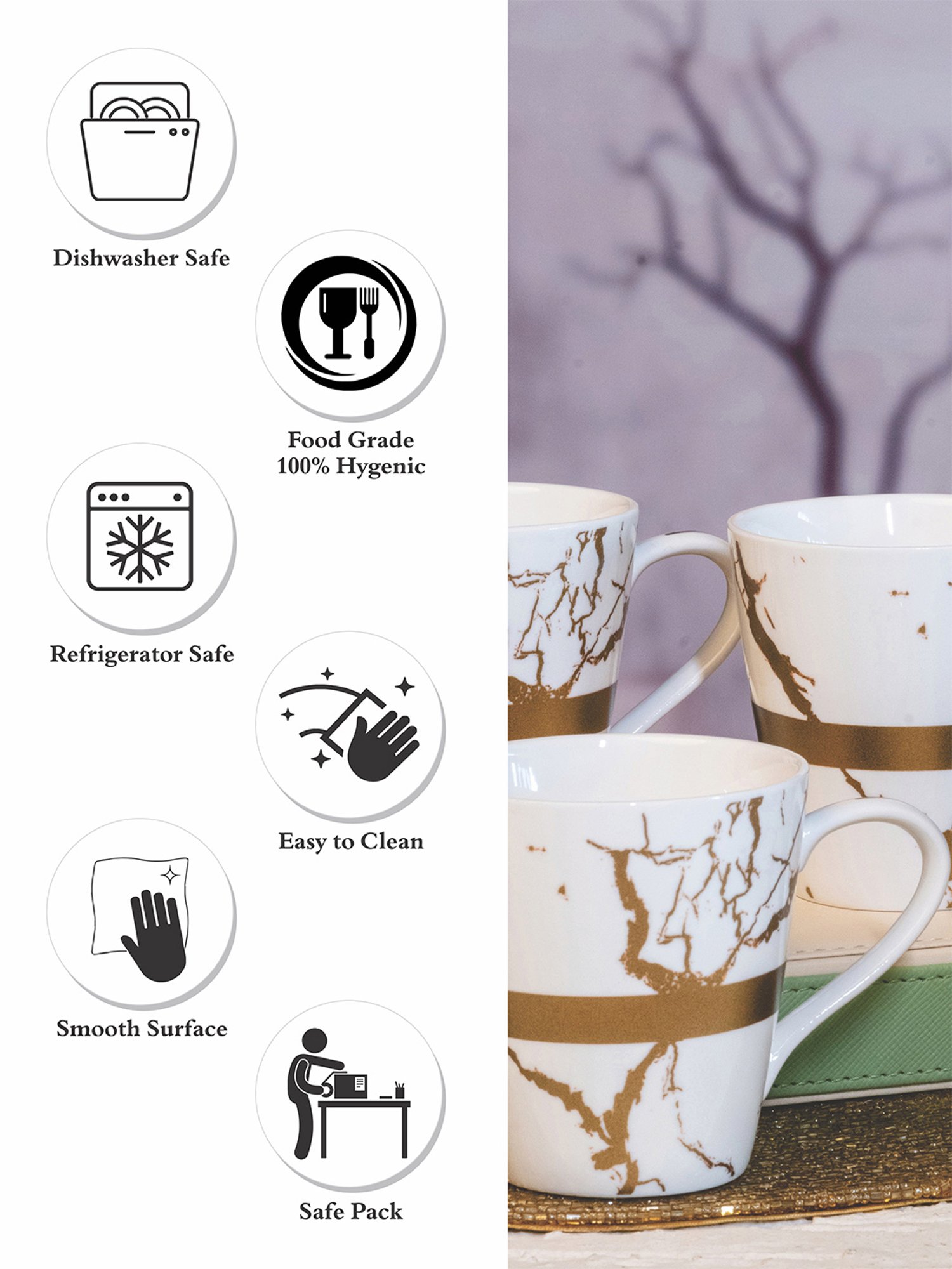 White Gold Printed White Porcelain Coffee Mug - Set of 6 (200ml)