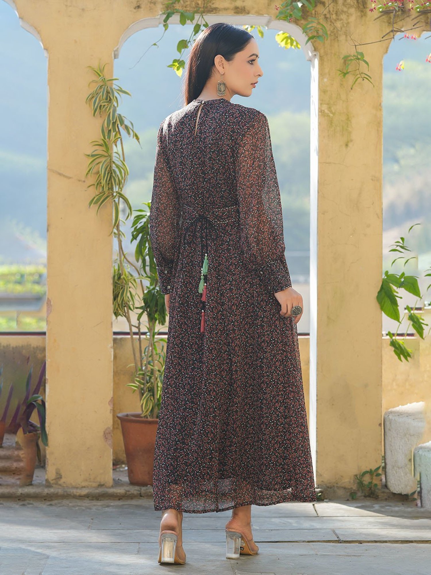 Juniper Black Floral Printed Chiffon Flared Maxi Dress With Buttons