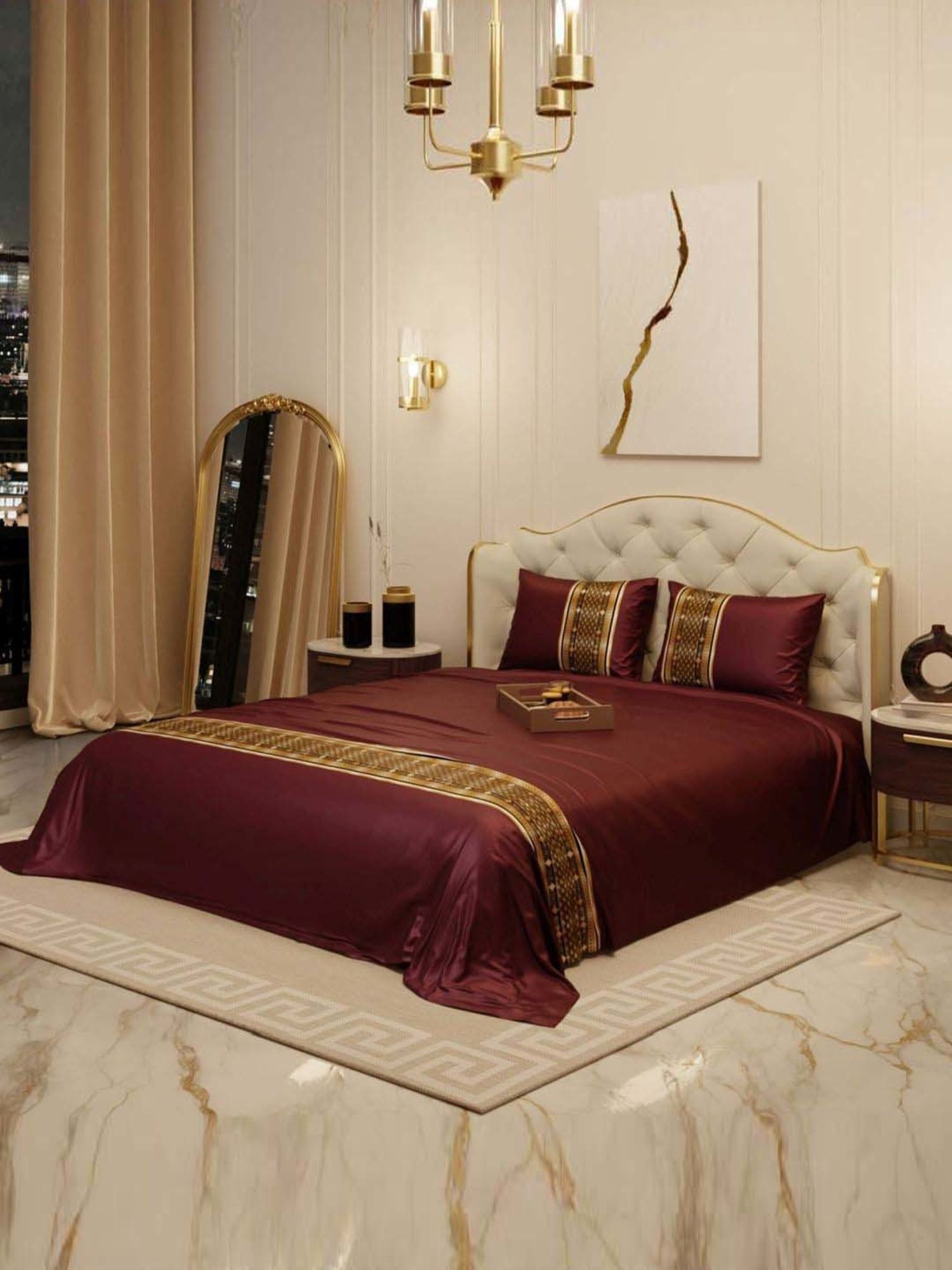 Stoa Paris Versailles Maroon 300 TC Sateen Royal Treasures Double Bed Sheet with 2 Pillow Covers