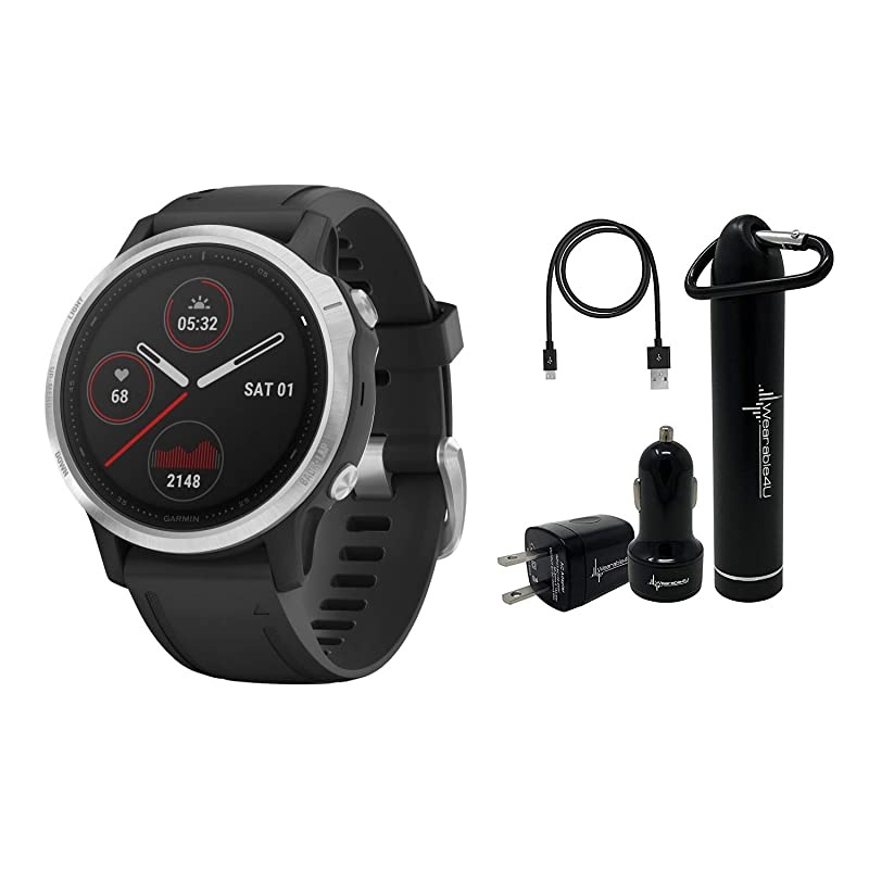 Garmin Fenix 6S Smaller-Sized Multisport GPS Watch with Wrist-Based Heart Rate Pulse Ox and  Ultimate Power Bundle (Standard/Silver with Black Band)