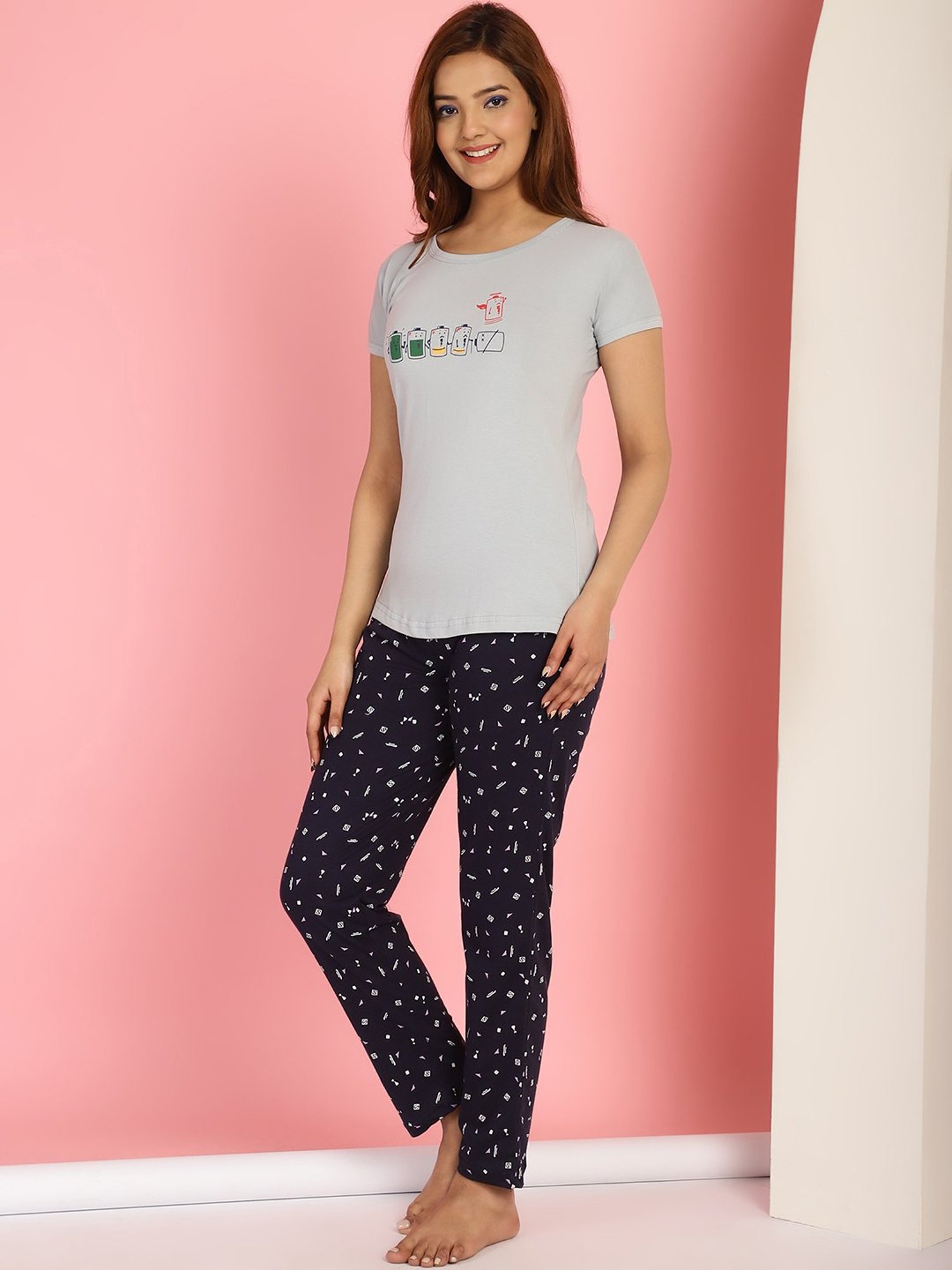 Gracit Grey & Black Cotton Printed Top With Pyjamas