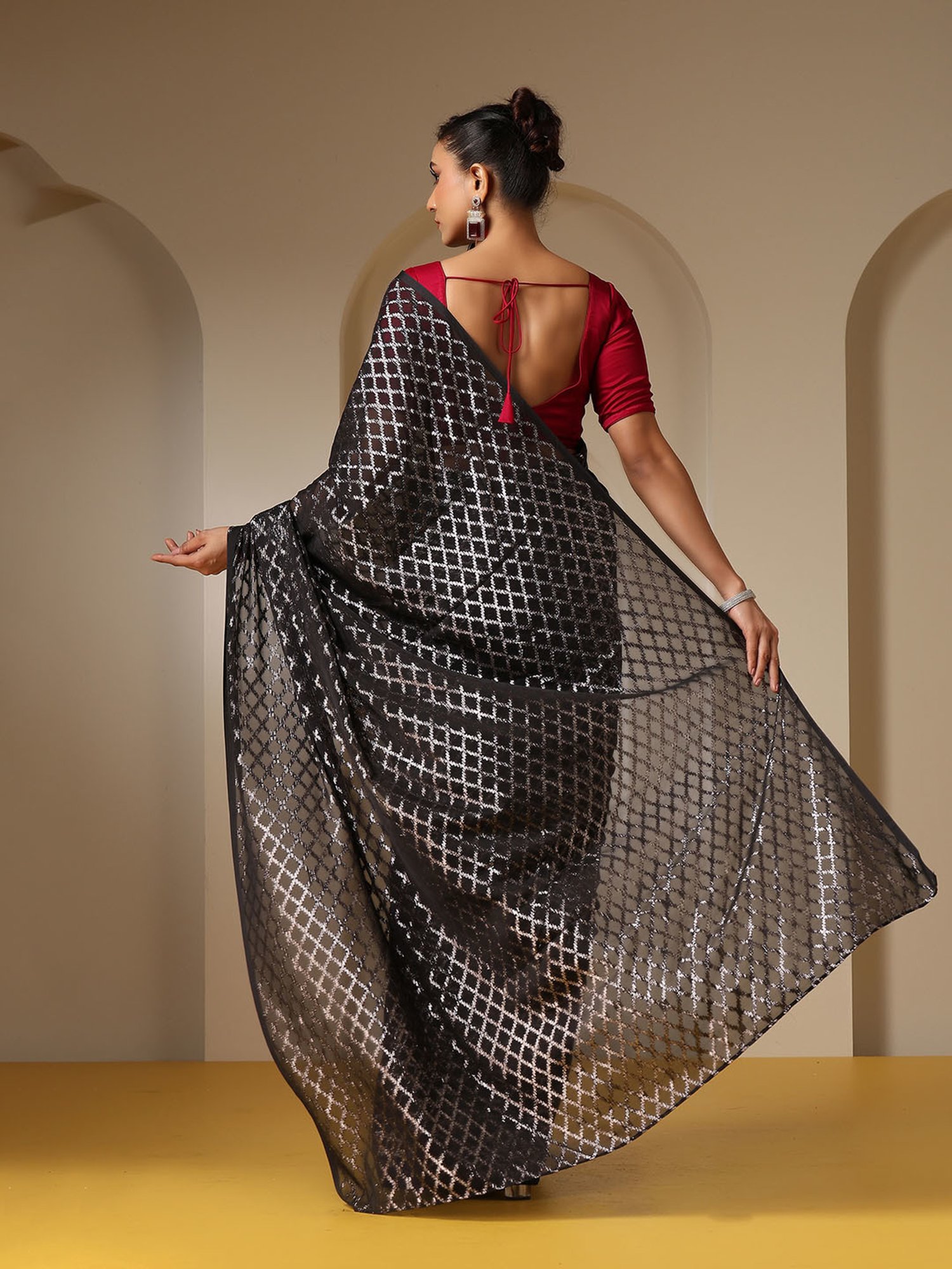 Swtantra Black Check Chiffon Saree With Red Unstitched Blouse