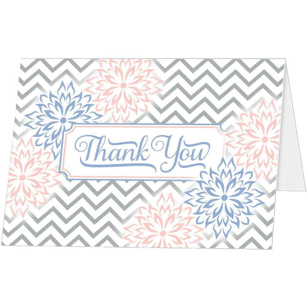 Thank You Cards (Set of 25 with Envelopes) - Chevron and Floral Style - Premium Quality - Classic Design - Prefolded Foldover