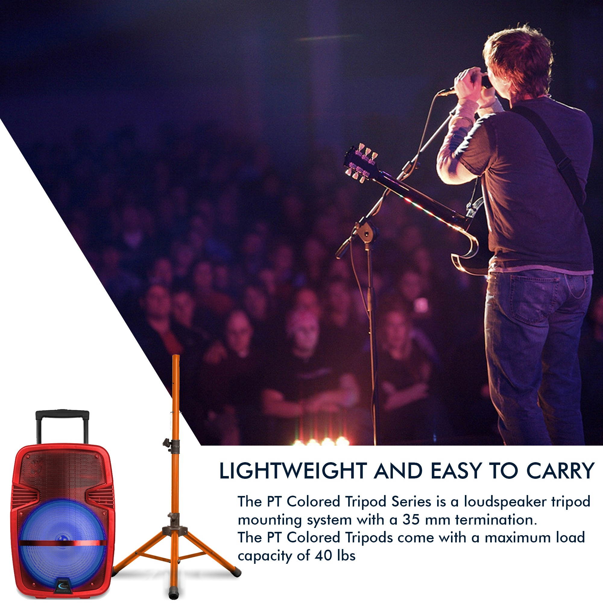 Technical Pro Professional Iron Steel Orange Tri-Pod Speaker Stand with Plastic Feet, 40 lbs Capacity, Adjustable Height (2 Packs)