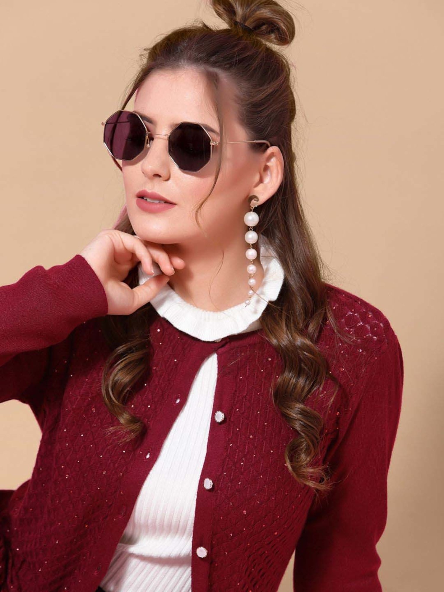 Mafadeny Maroon Embellished Cardigan