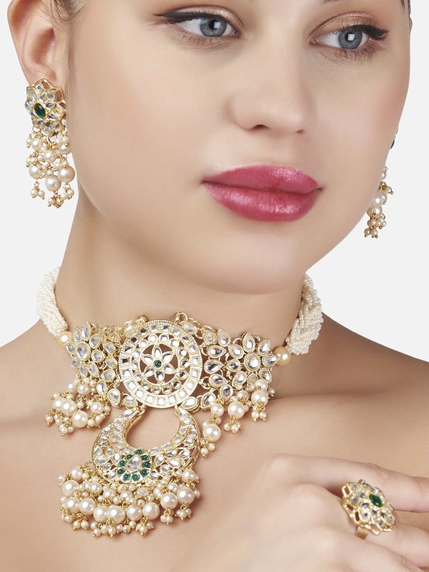 Zaveri Pearls Green Kundan & Pearls Traditional Choker Necklace Earring & Ring Set-ZPFK13196