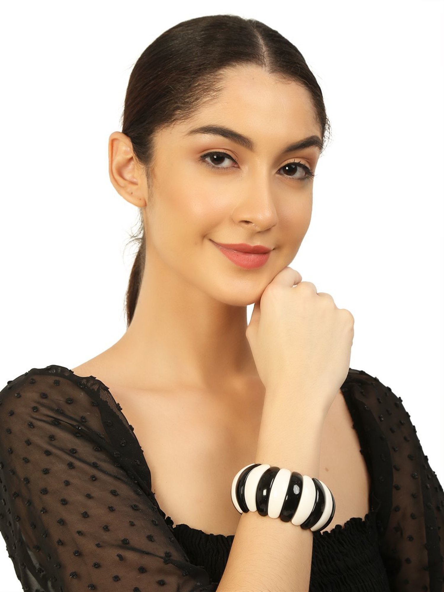 IMLI STREET Black & White Artificial Beaded Stretchable Bracelet for Women