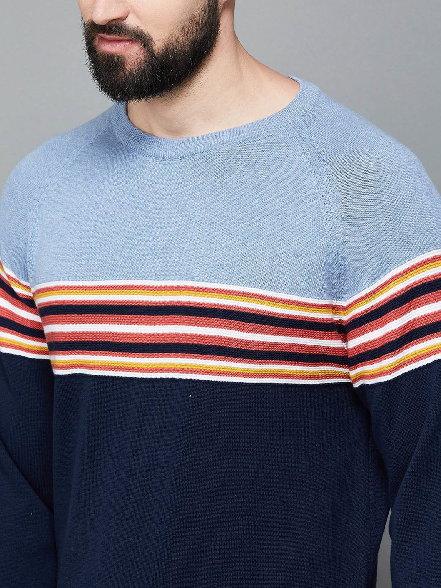 Code by Lifestyle Navy Cotton Regular Fit Colour Block Sweater